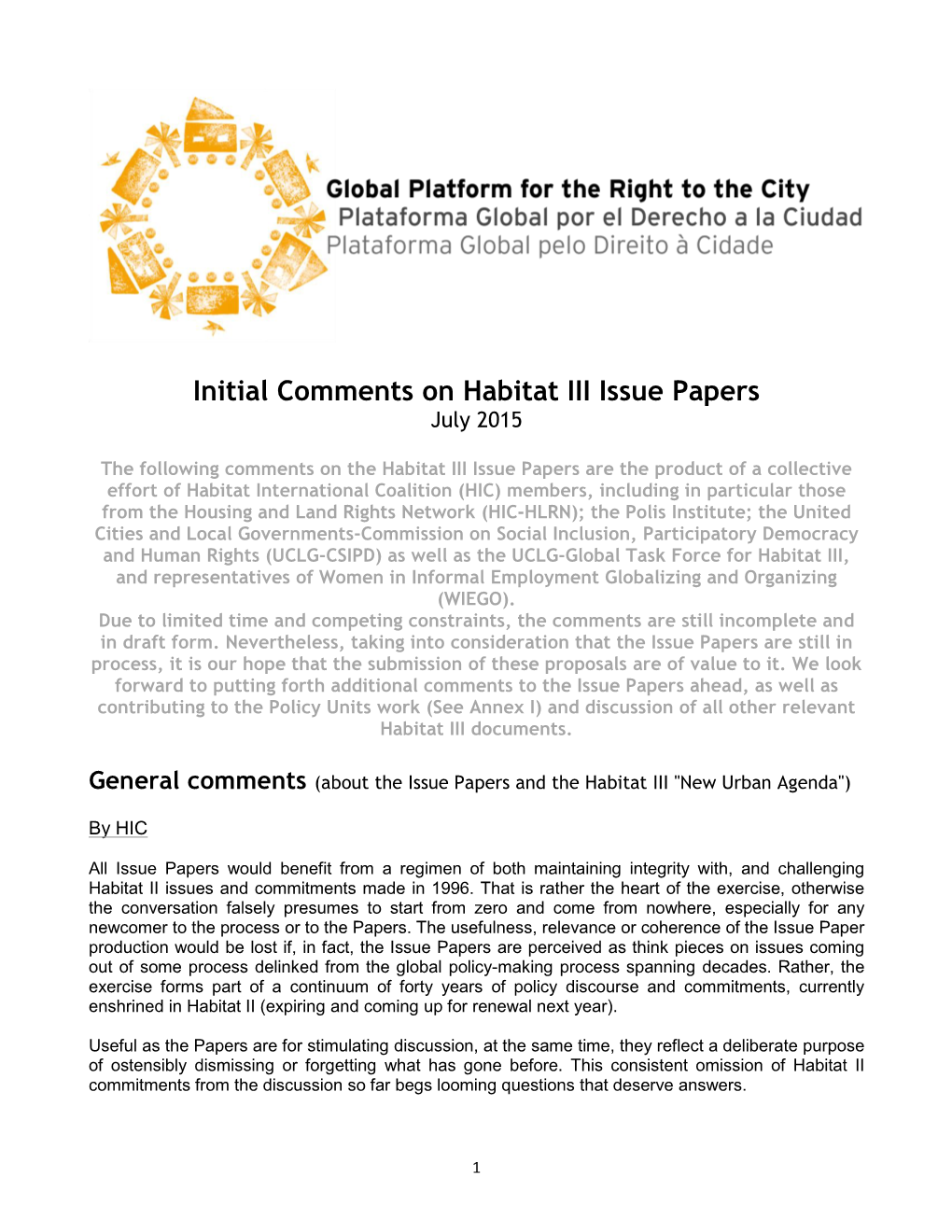 Initial Comments on Habitat III Issue Papers July 2015