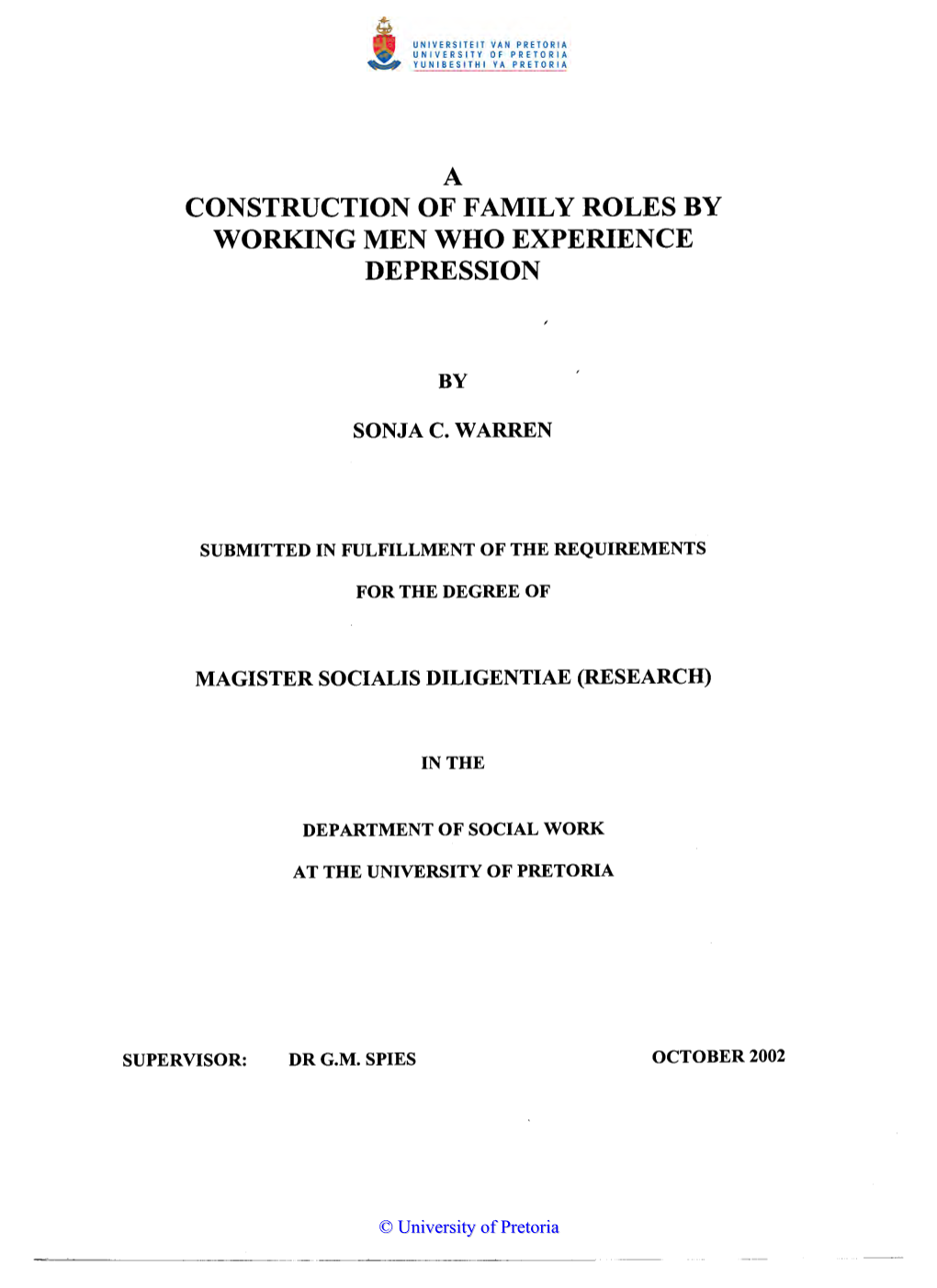 A Construction of Family Roles by Working Men Who Experience Depression