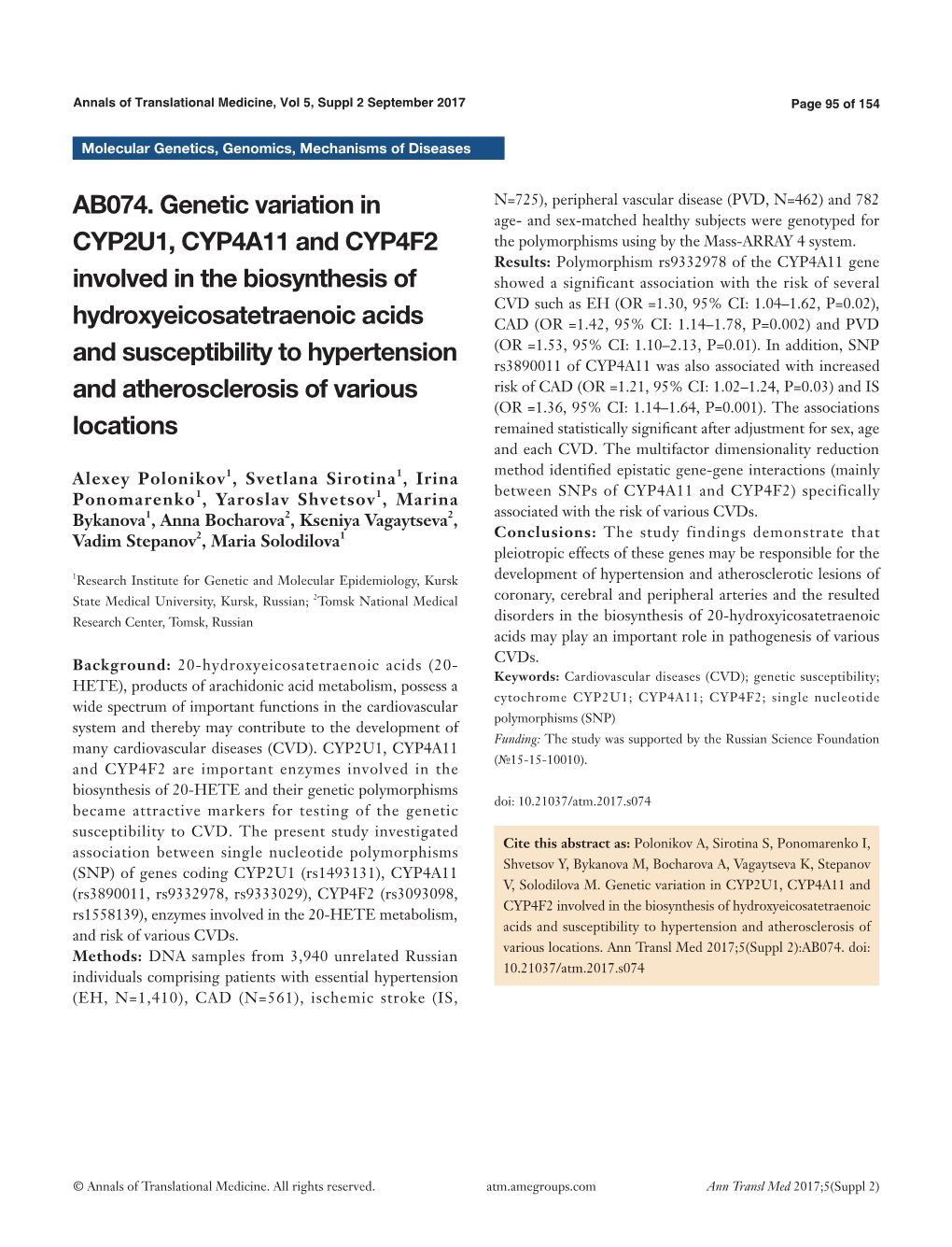 AB074. Genetic Variation in CYP2U1, CYP4A11 and CYP4F2 Involved In