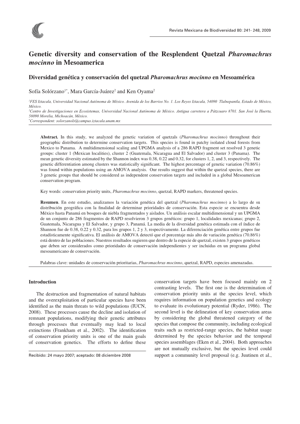 Genetic Diversity and Conservation of the Resplendent Quetzal Pharomachrus Mocinno in Mesoamerica