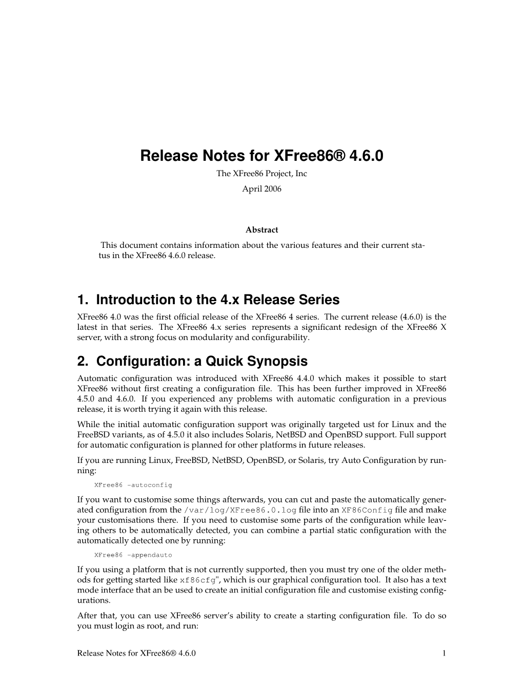 Release Notes for Xfree86® 4.6.0 the Xfree86 Project, Inc April 2006