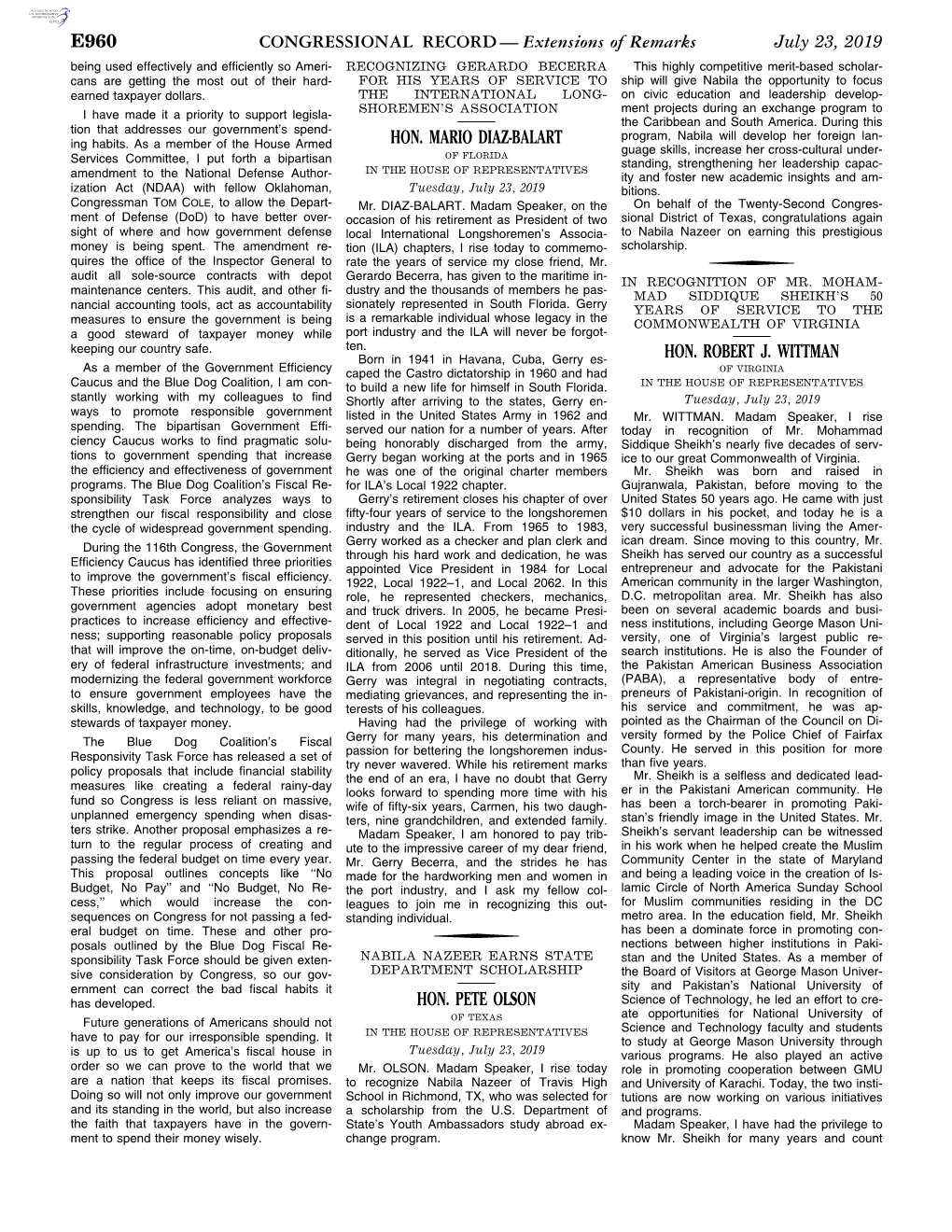 CONGRESSIONAL RECORD— Extensions of Remarks E960 HON. MARIO DIAZ-BALART HON. PETE OLSON HON. ROBERT J. WITTMAN