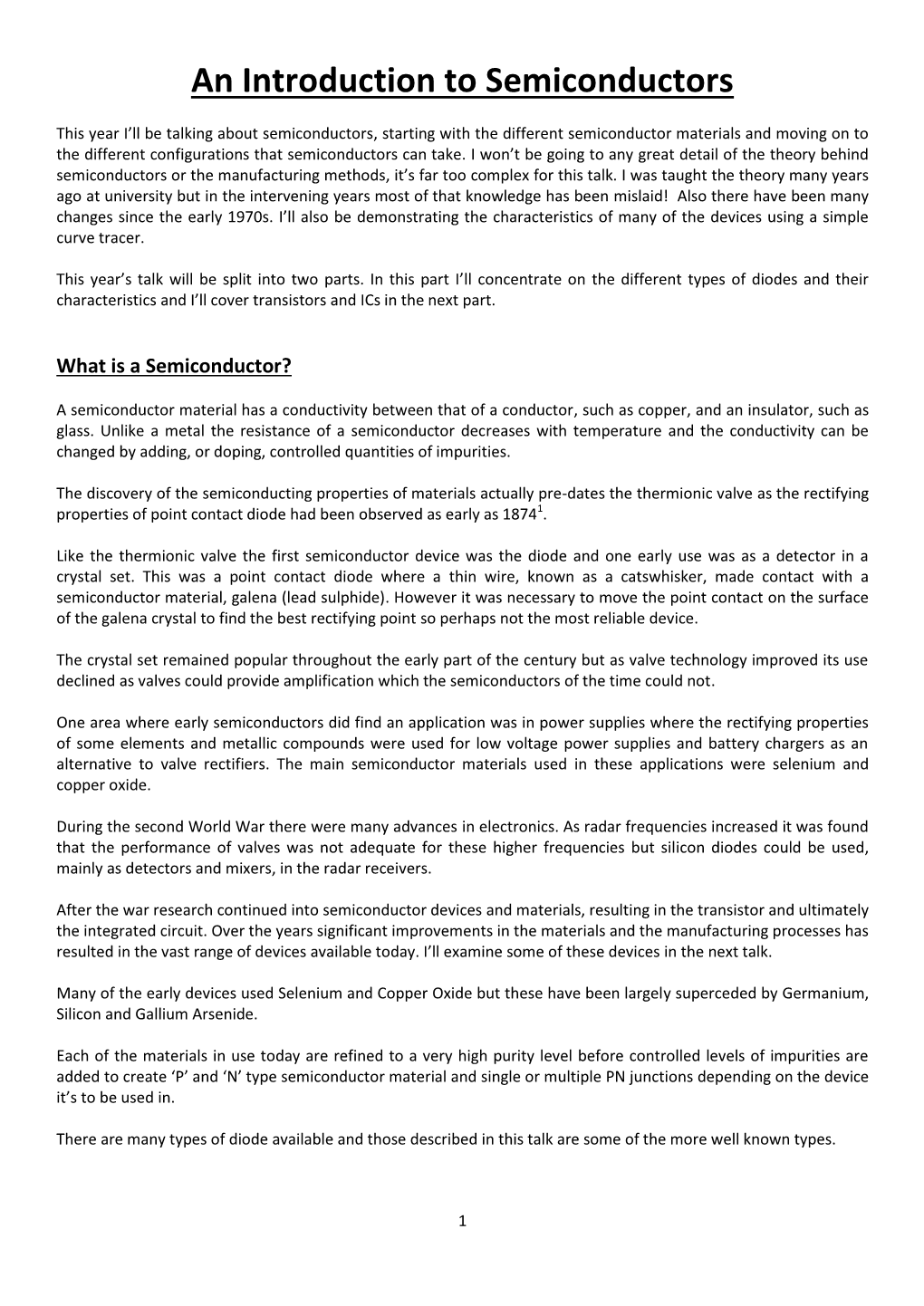 An Introduction to Semiconductors Part 1