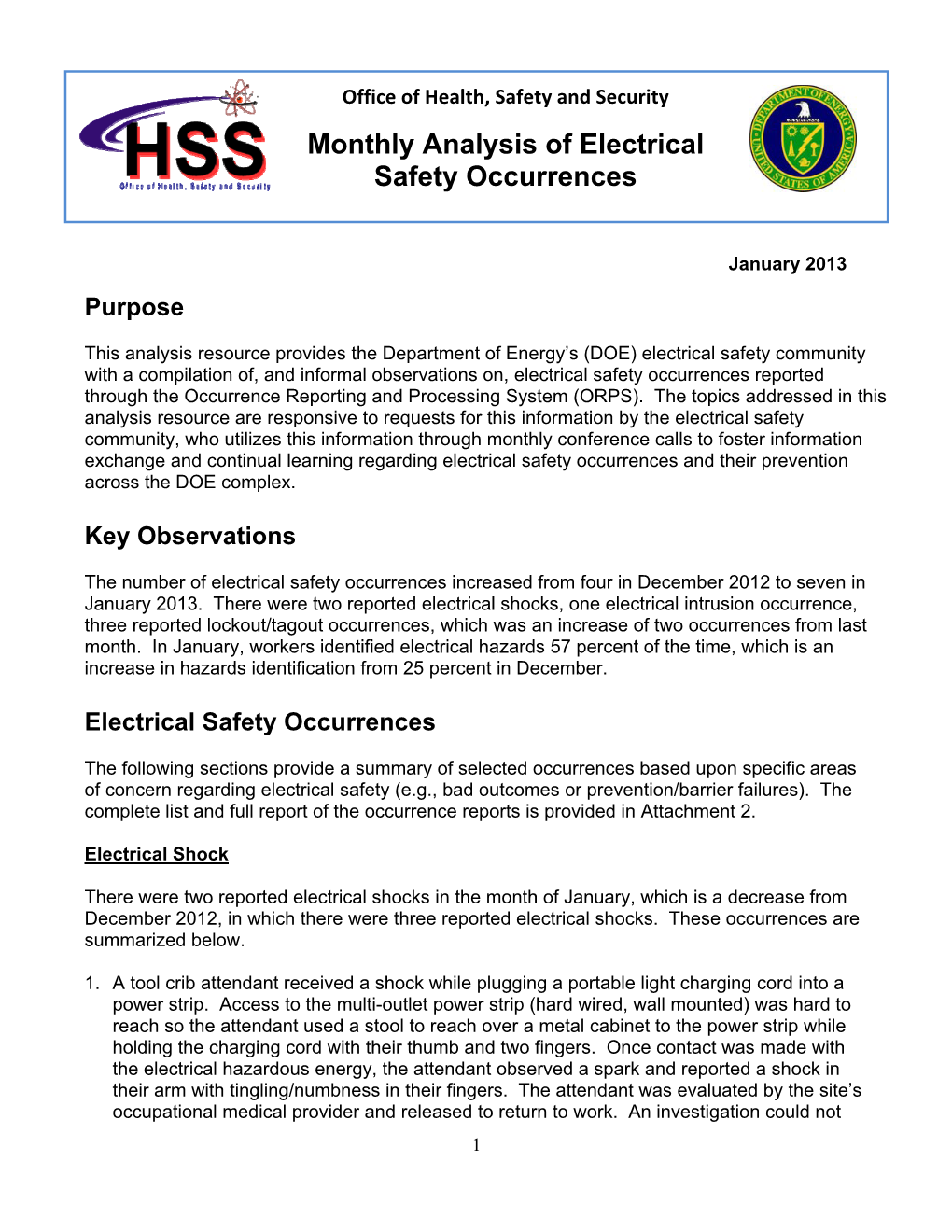 January 2013 Electrical Safety Occurrences