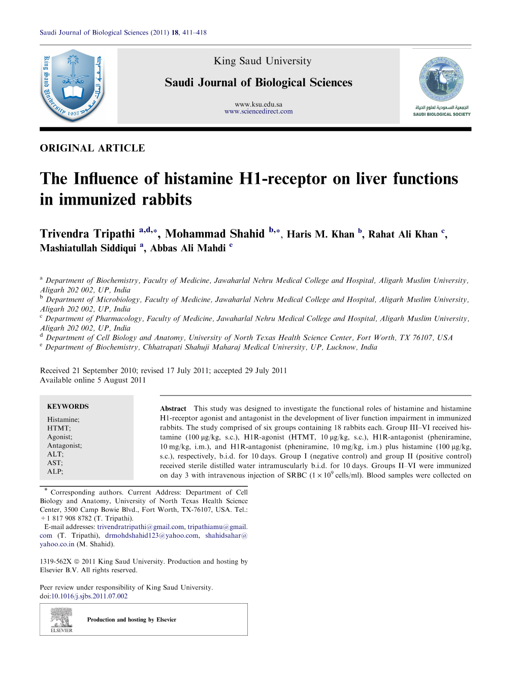 The Influence of Histamine H1-Receptor on Liver Functions in Immunized Rabbits