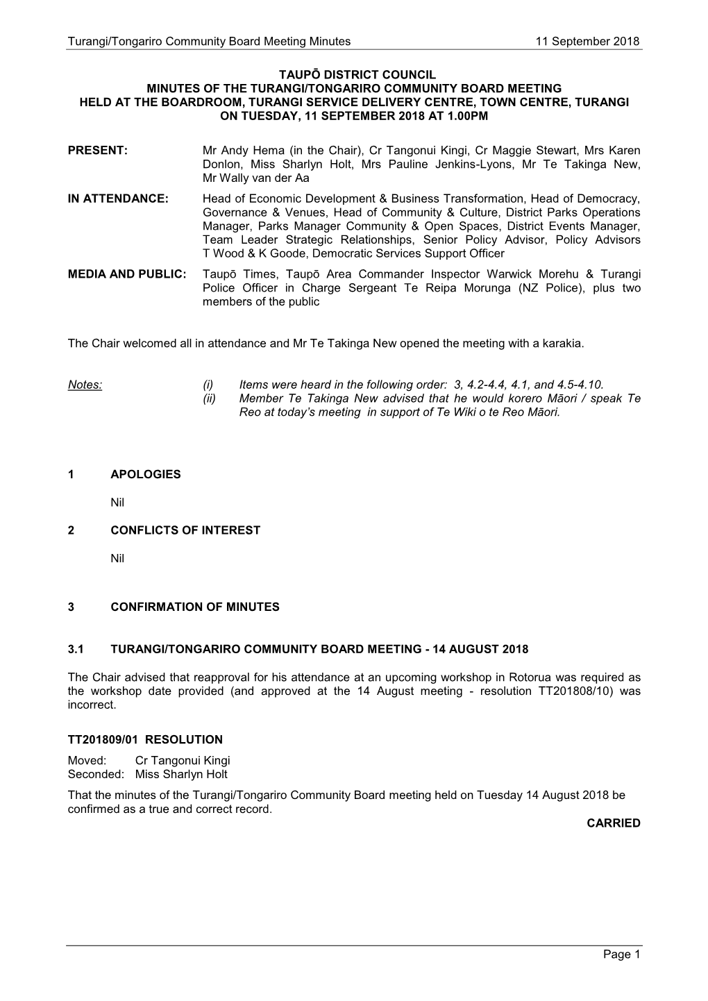 Minutes of Turangi/Tongariro Community Board Meeting