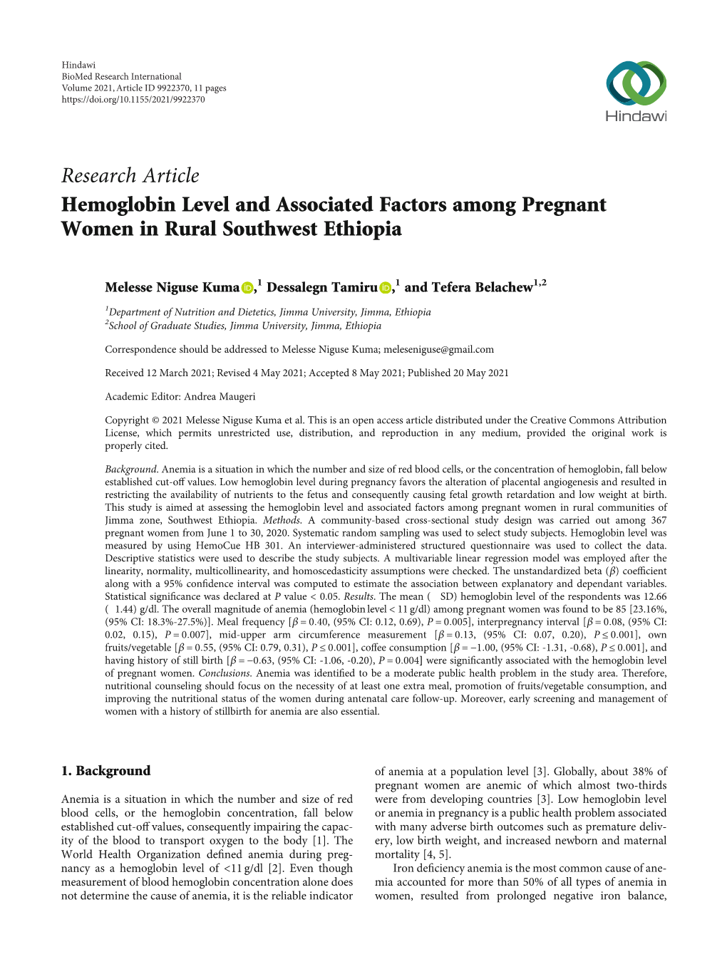 Hemoglobin Level and Associated Factors Among Pregnant Women in Rural Southwest Ethiopia