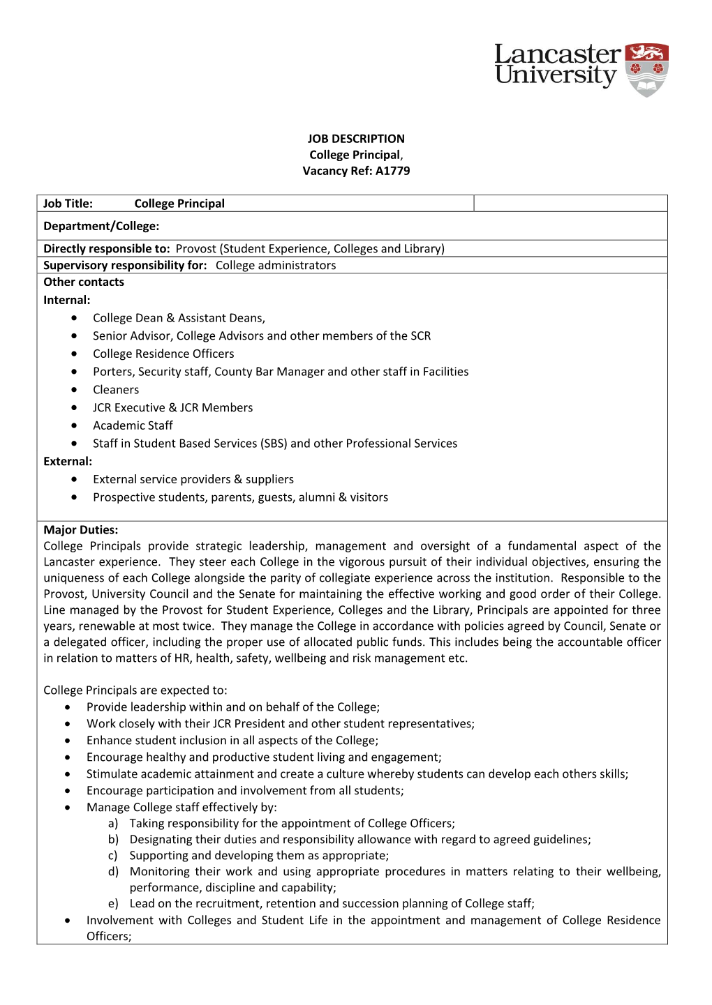 JOB DESCRIPTION College Principal, Vacancy Ref: A1779