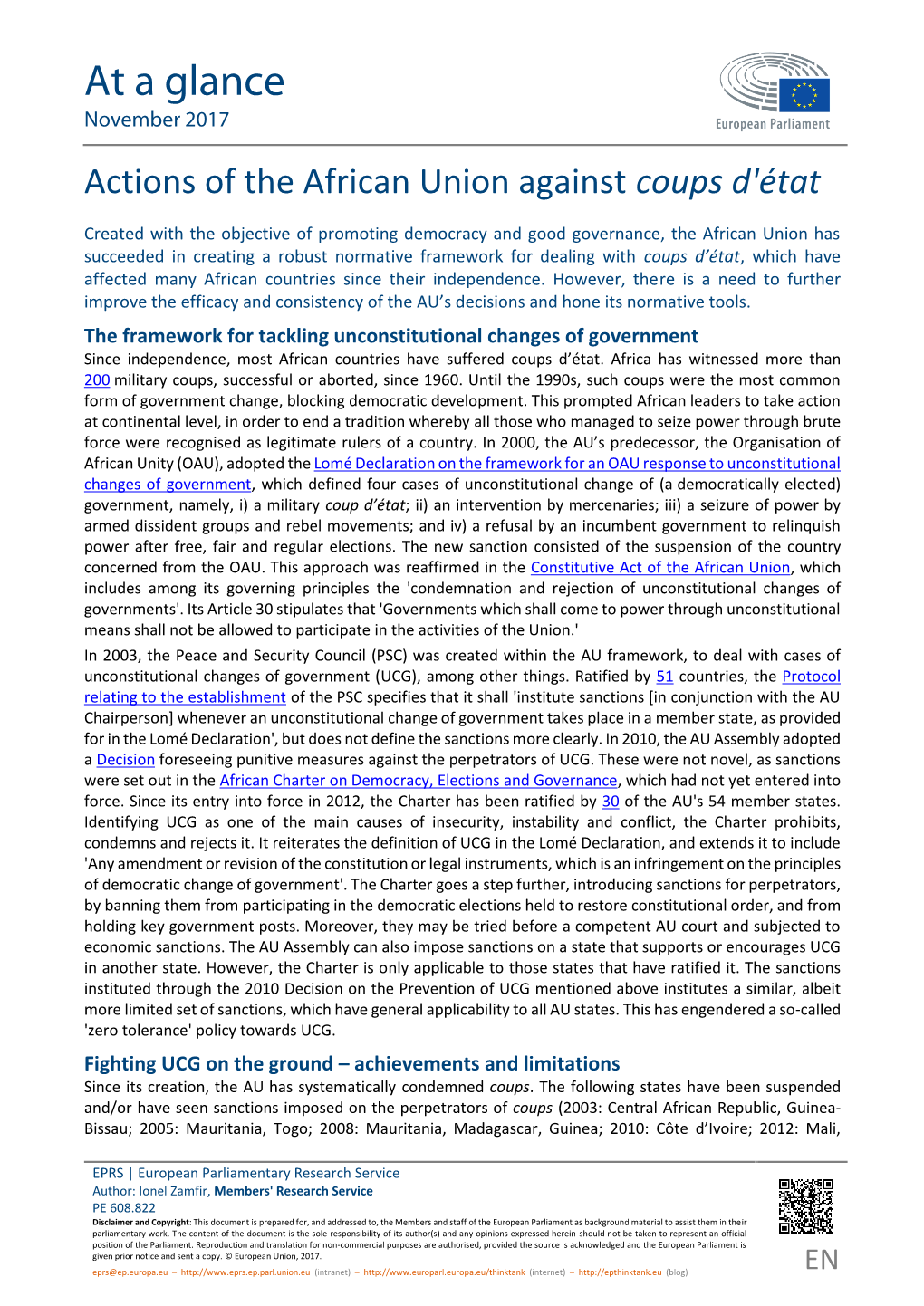 At a Glance November 2017 Actions of the African Union Against Coups D'état
