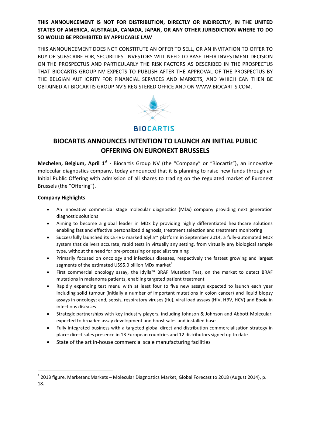 Biocartis Announces Intention to Launch an Initial Public Offering on Euronext Brussels