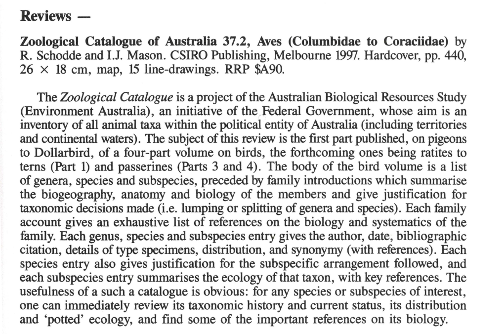 Reviews- Zoological Catalogue of Australia 37.2, Aves (Columbidae to Coraciidae) by R