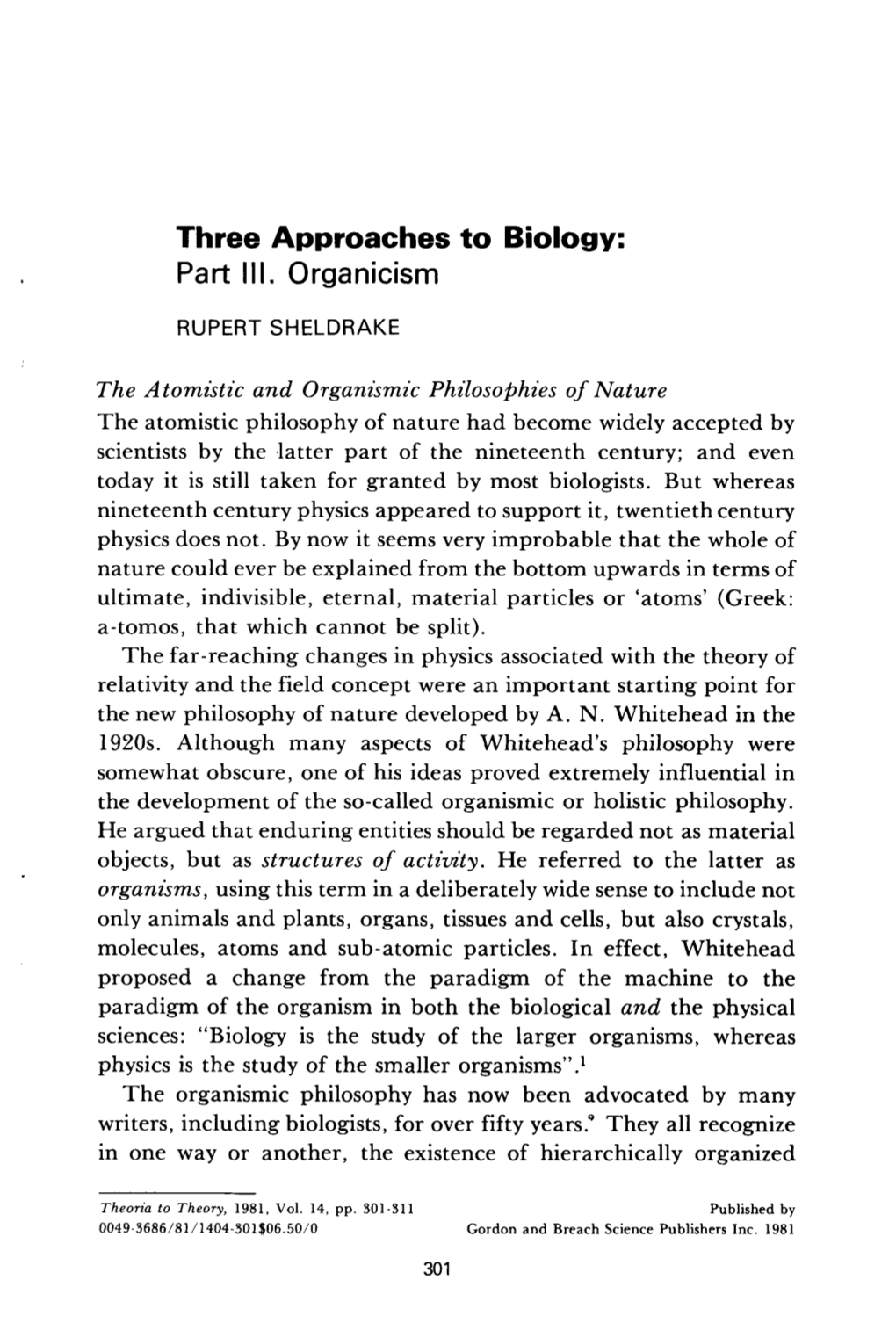 Three Approaches to Biology: Partlll
