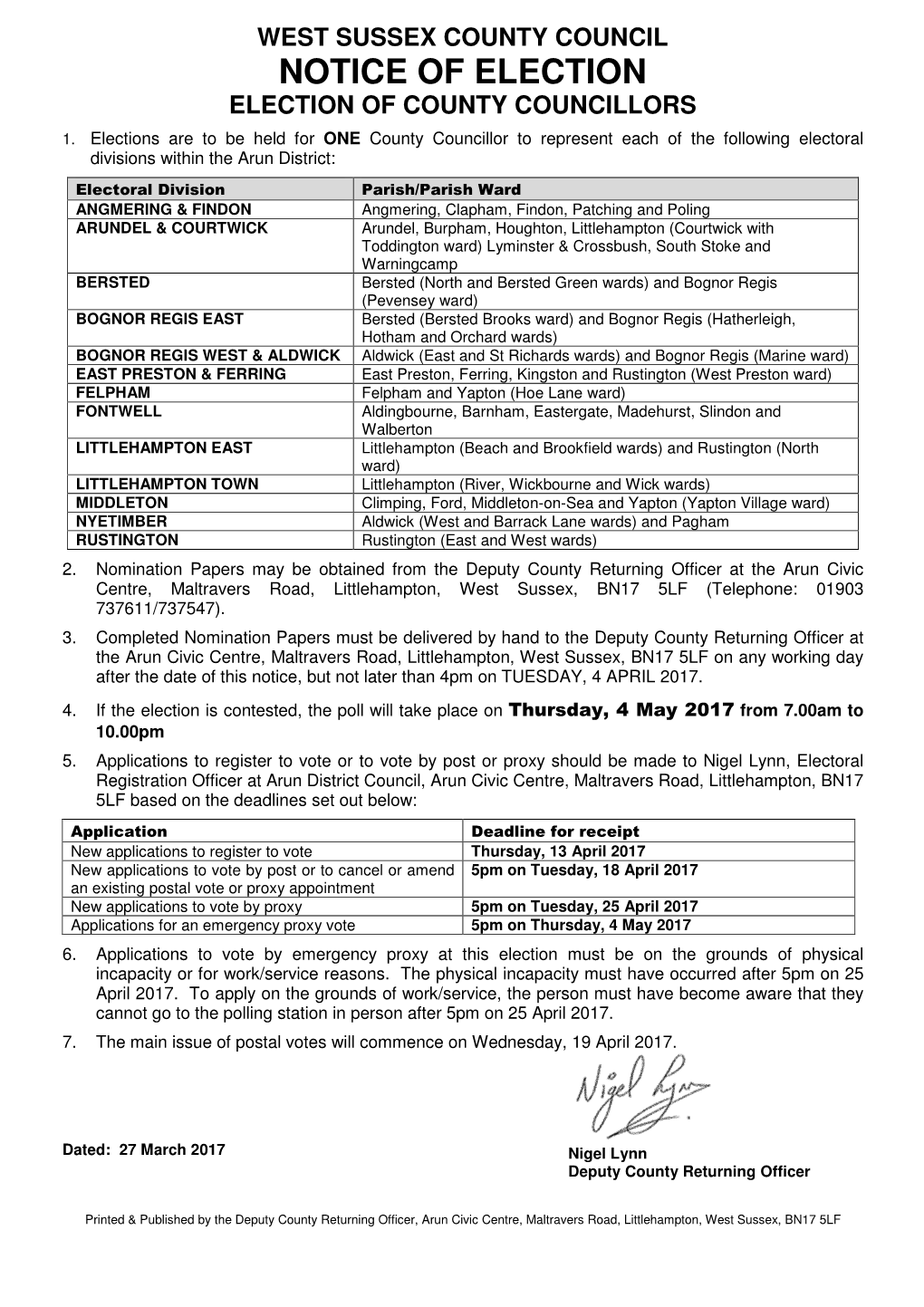 West Sussex County Council Notice of Election Election of County Councillors 1