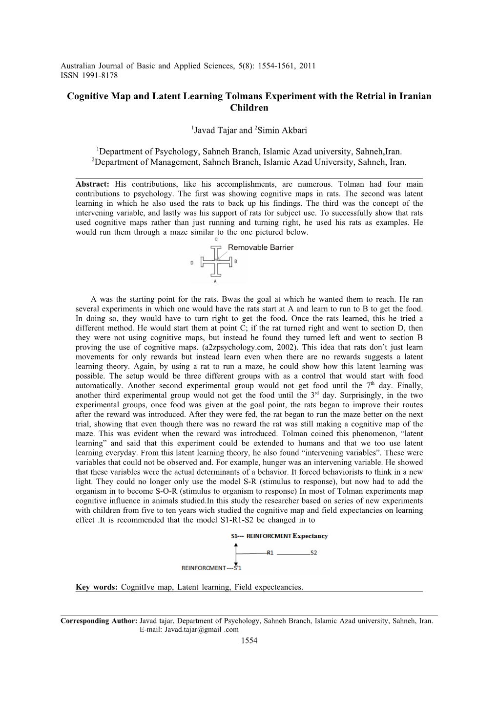 Cognitive Map and Latent Learning Tolmans Experiment with the Retrial in Iranian Children