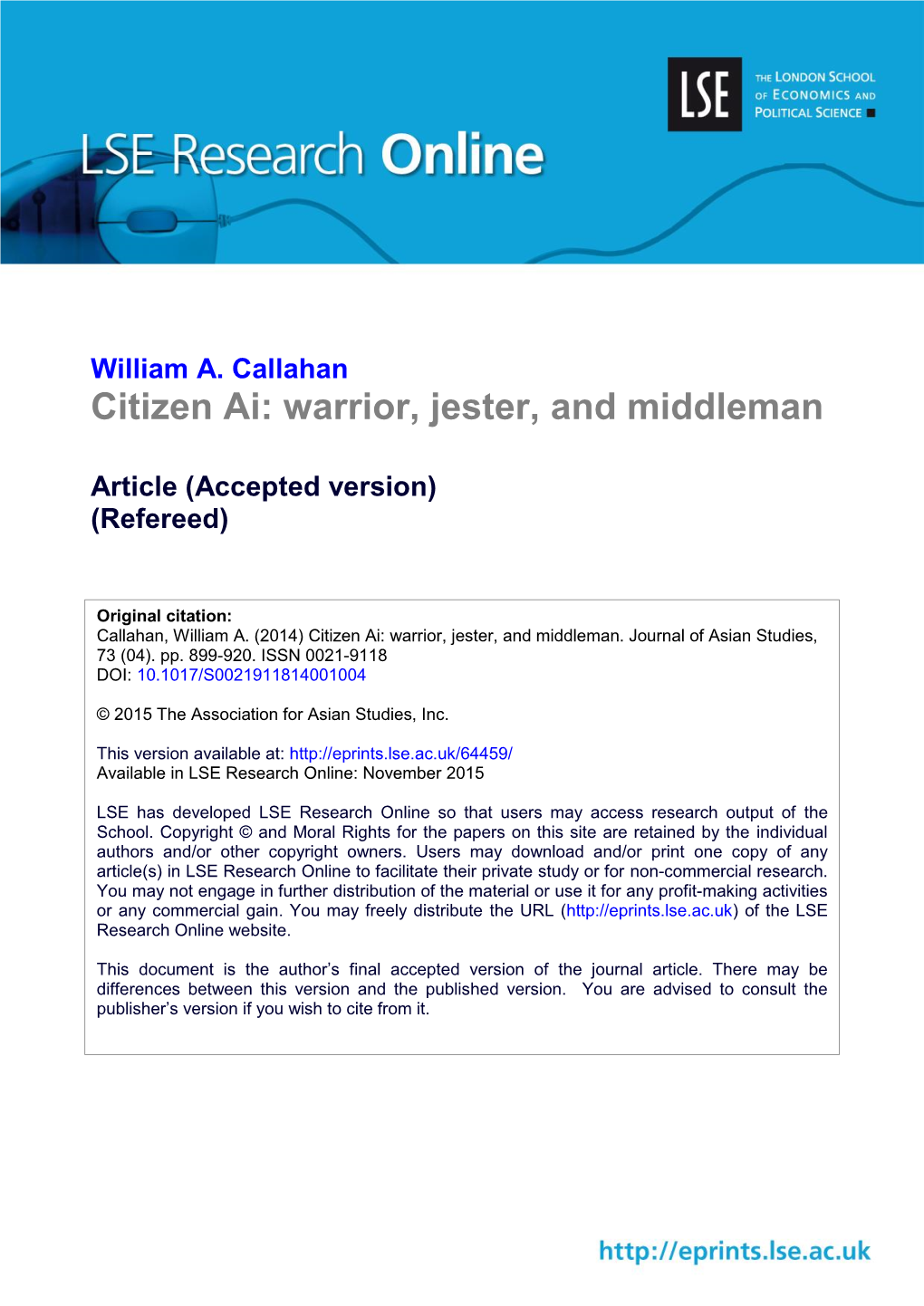 William A. Callahan Citizen Ai: Warrior, Jester, and Middleman