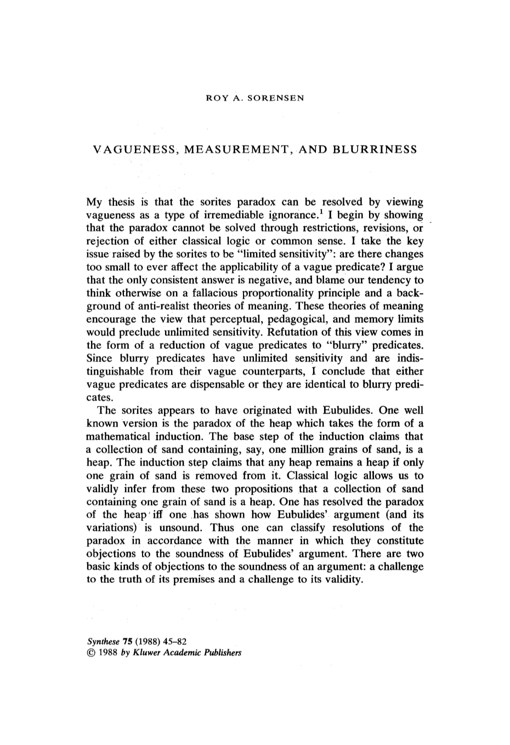 Vagueness, Measurement, and Blurriness