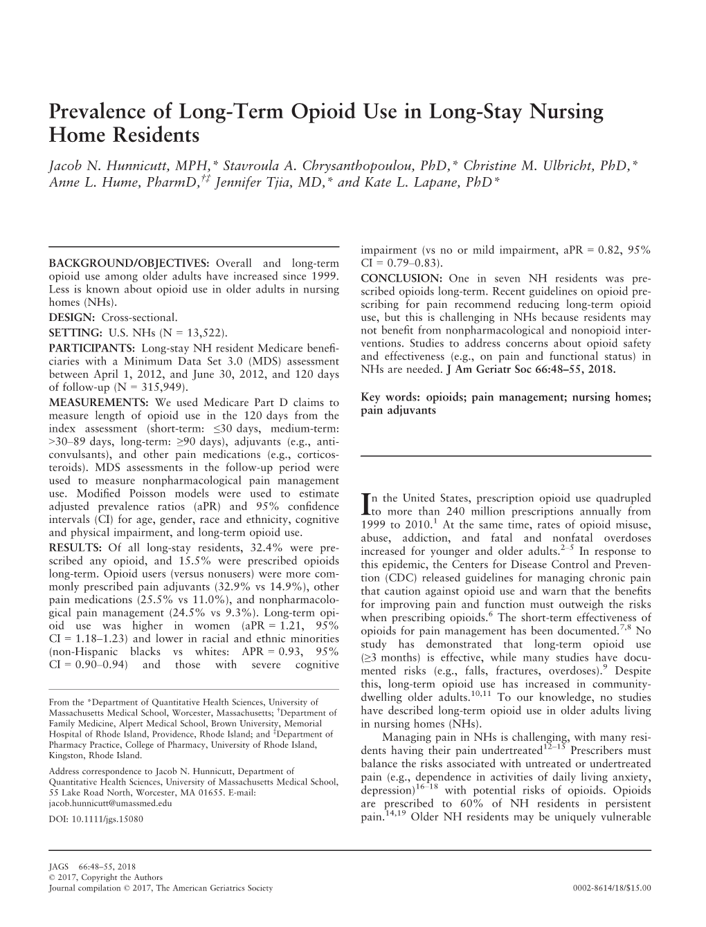 Prevalence of Long‐Term Opioid Use in Long‐Stay Nursing Home