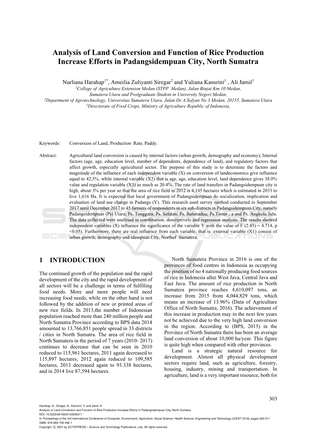 Analysis of Land Conversion and Function of Rice Production Increase Efforts in Padangsidempuan City, North Sumatra