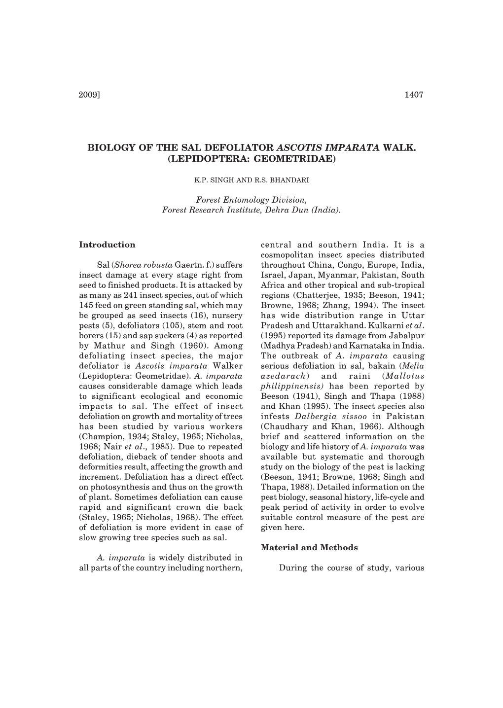 Biology of the Sal Defoliator Ascotis Imparata Walk