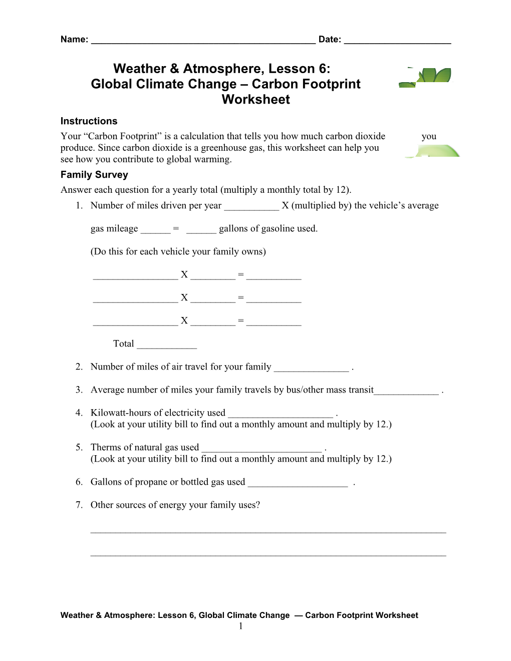 Weather & Atmosphere, Lesson 6: Global Climate Change Carbon Footprint Worksheet