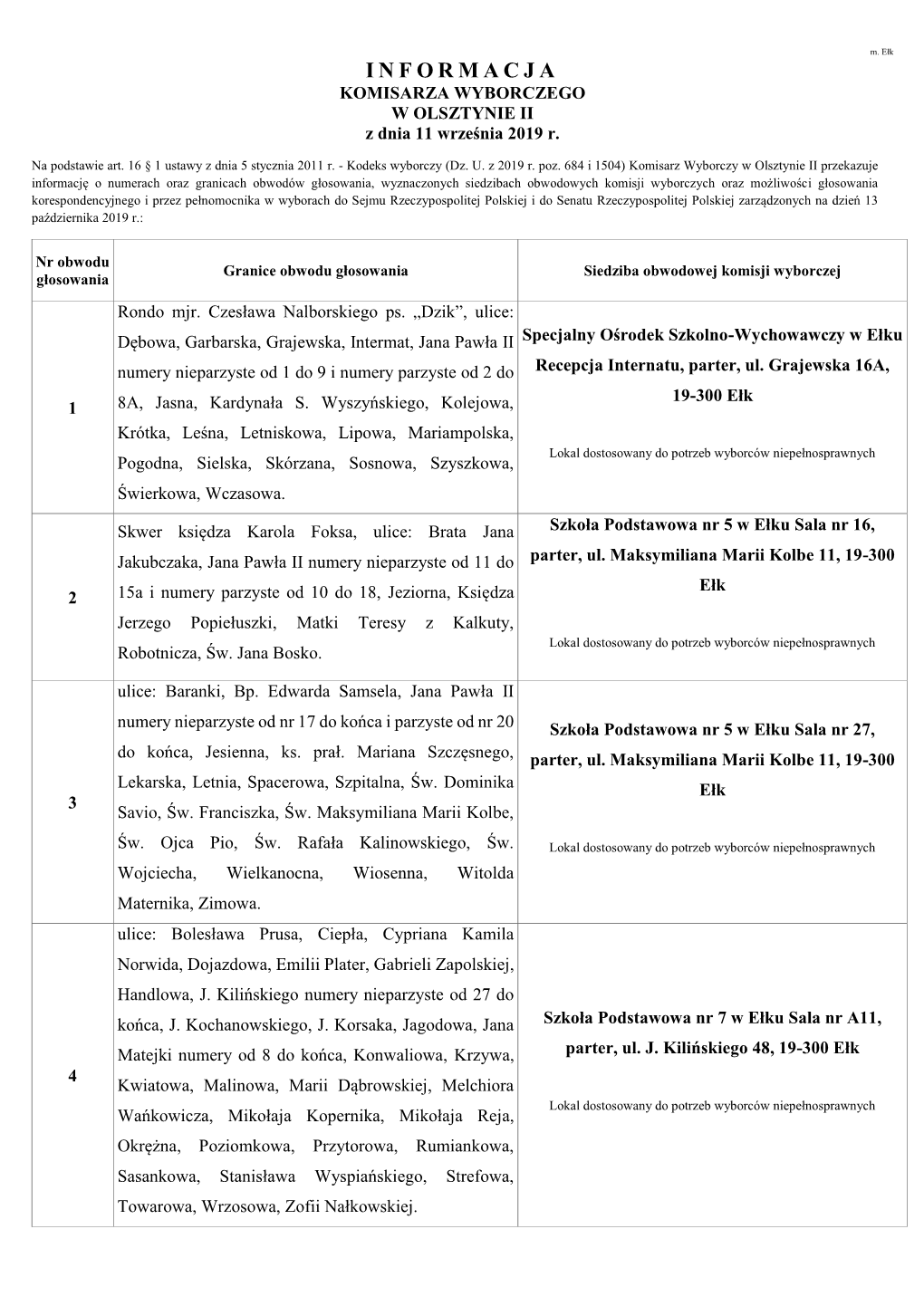 INFORMACJA KOMISARZA WYBORCZEGO W OLSZTYNIE II Z Dnia 11 Września 2019 R