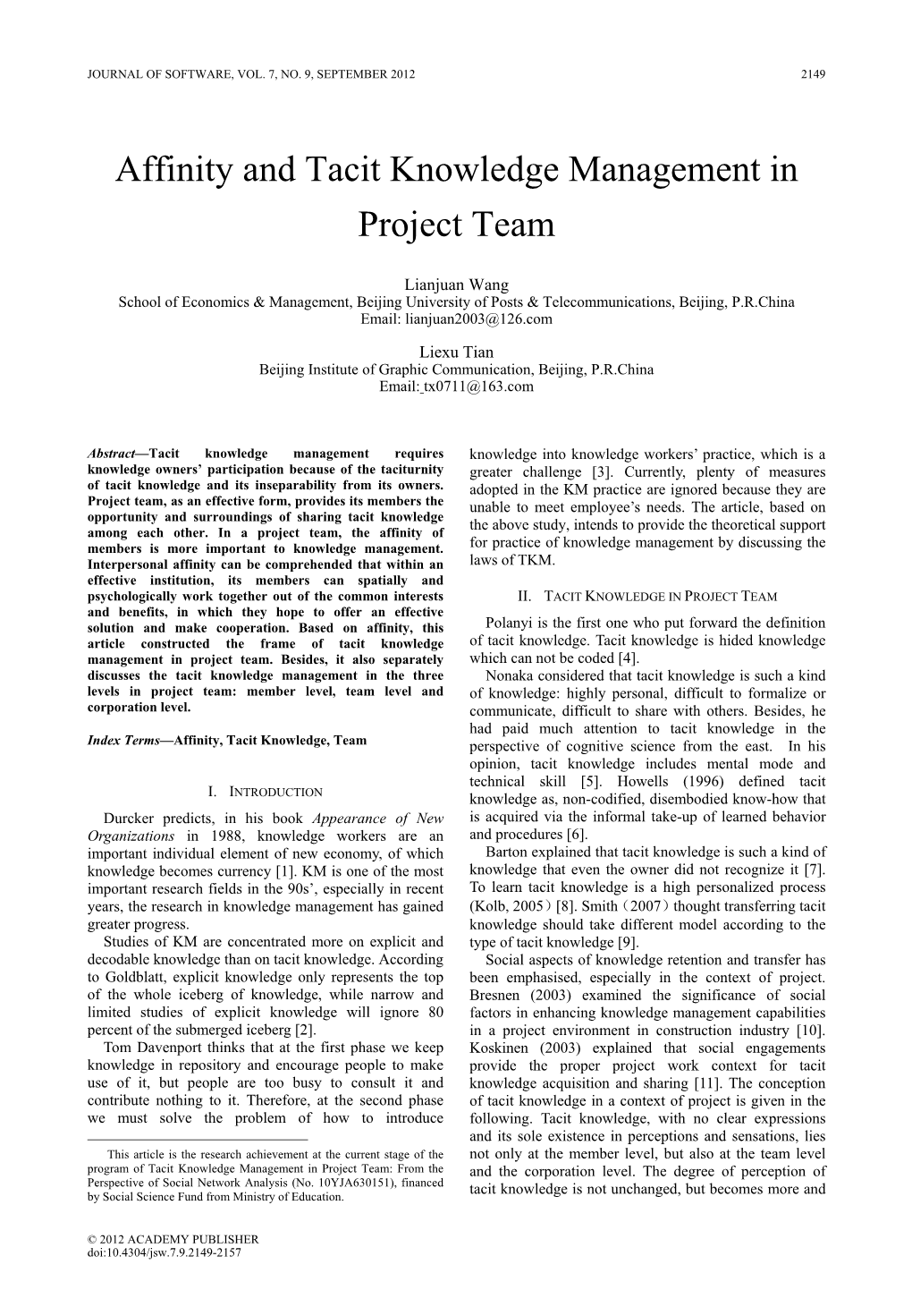 Affinity and Tacit Knowledge Management in Project Team