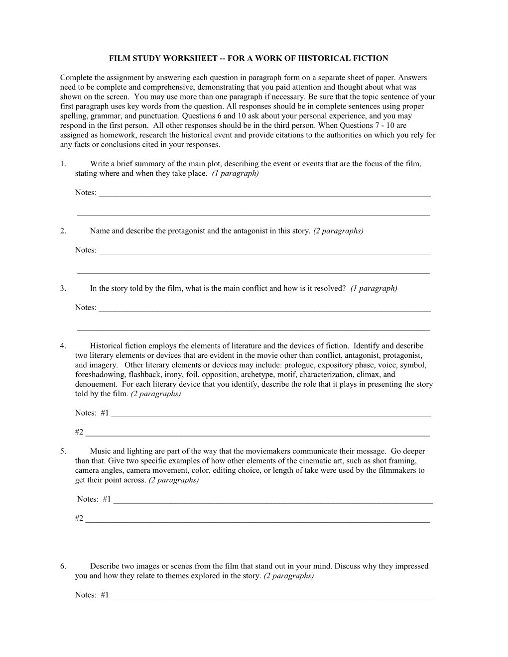 Film Study Worksheet for a Work of Historical Fiction