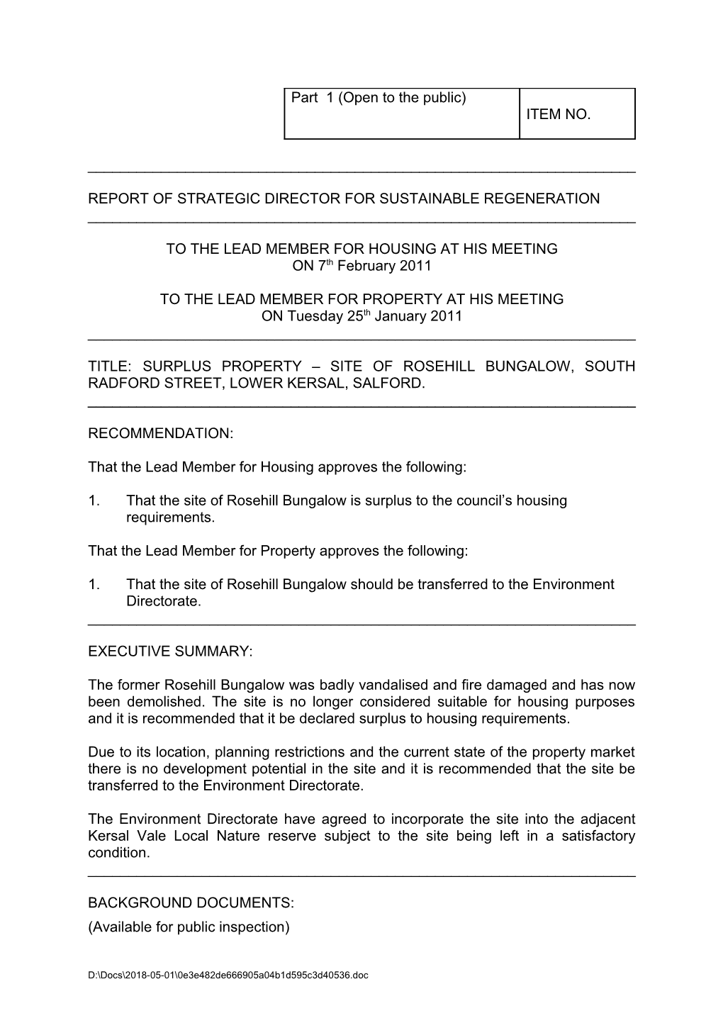 Report of Strategic Director for Sustainable Regeneration s1