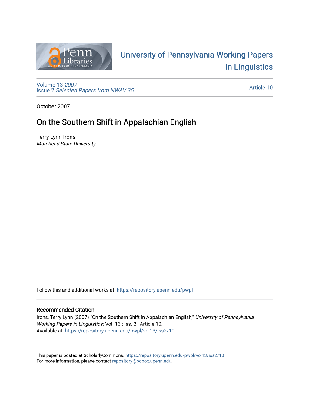 On the Southern Shift in Appalachian English