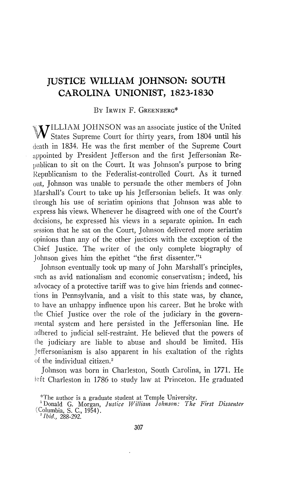 Justice William Johnson: South Carolina Unionist, 1823-1830