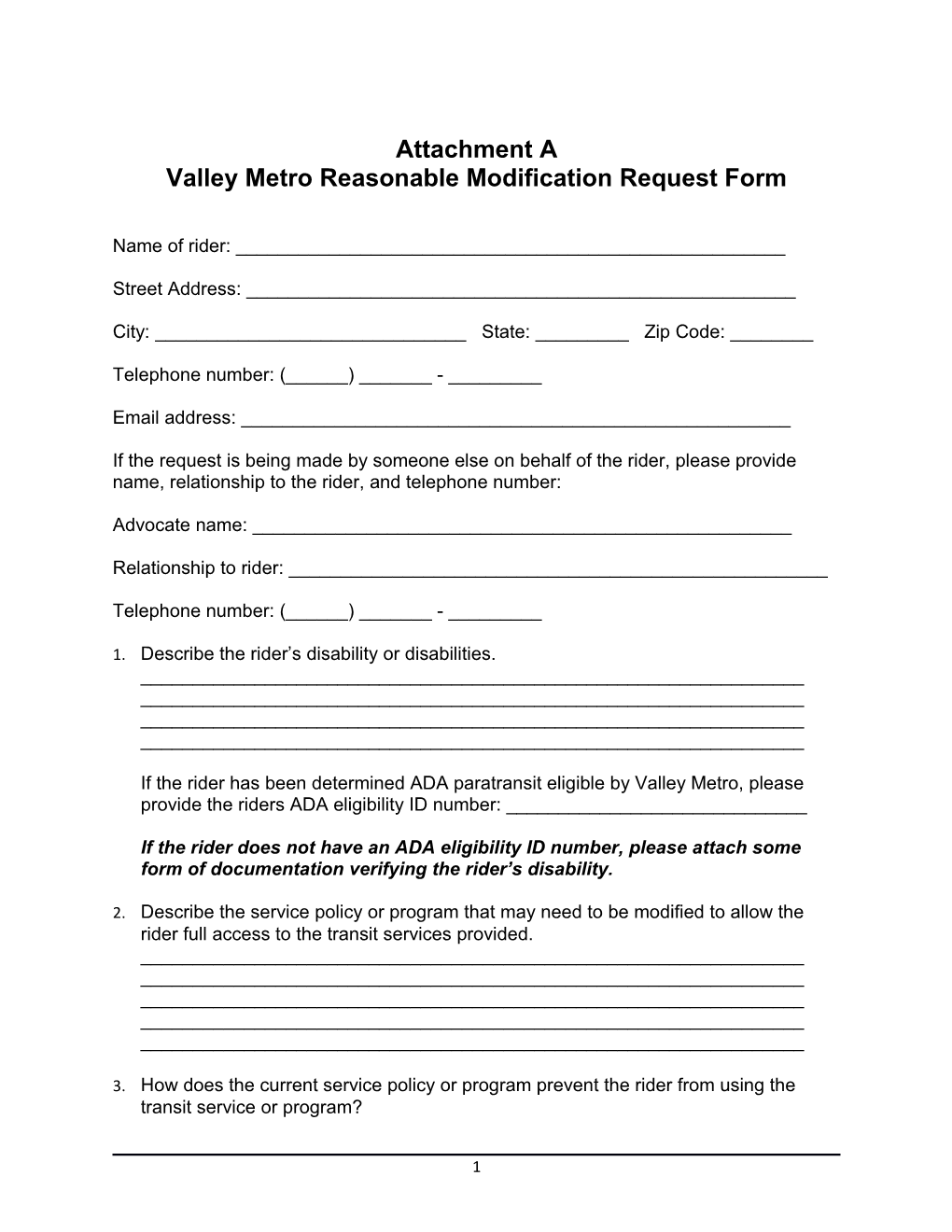 Valley Metro Reasonable Modification Request Form