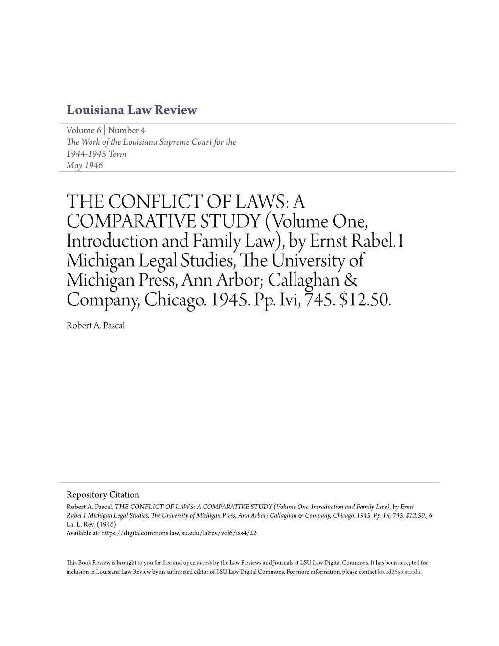 THE CONFLICT of LAWS: a COMPARATIVE STUDY (Volume