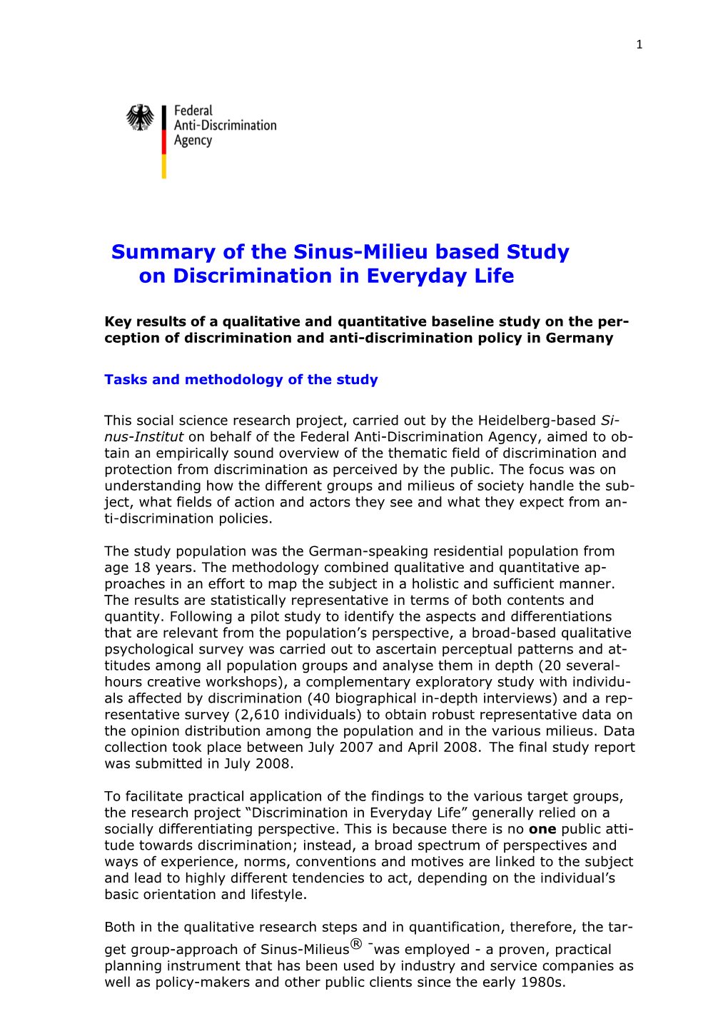 Summary of the Sinus-Milieu Based Study on Discrimination in Everyday Life