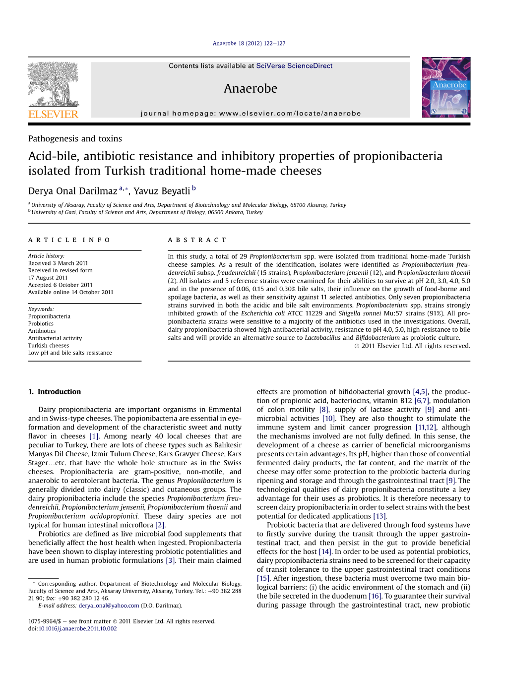 Acid-Bile, Antibiotic Resistance and Inhibitory Properties of Propionibacteria Isolated from Turkish Traditional Home-Made Cheeses