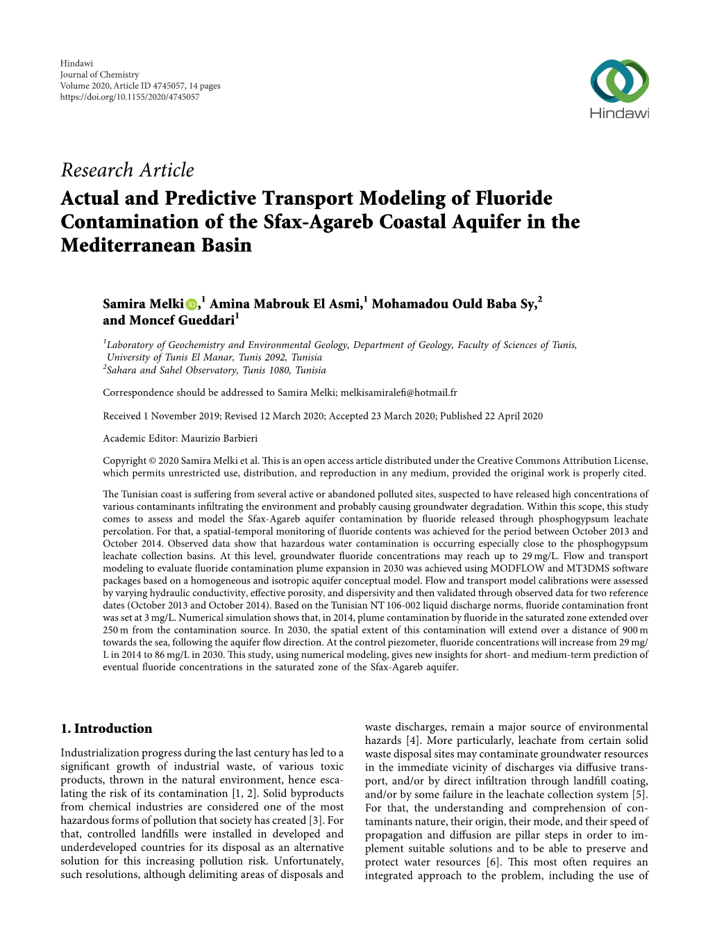 Actual and Predictive Transport Modeling of Fluoride Contamination of the Sfax-Agareb Coastal Aquifer in the Mediterranean Basin