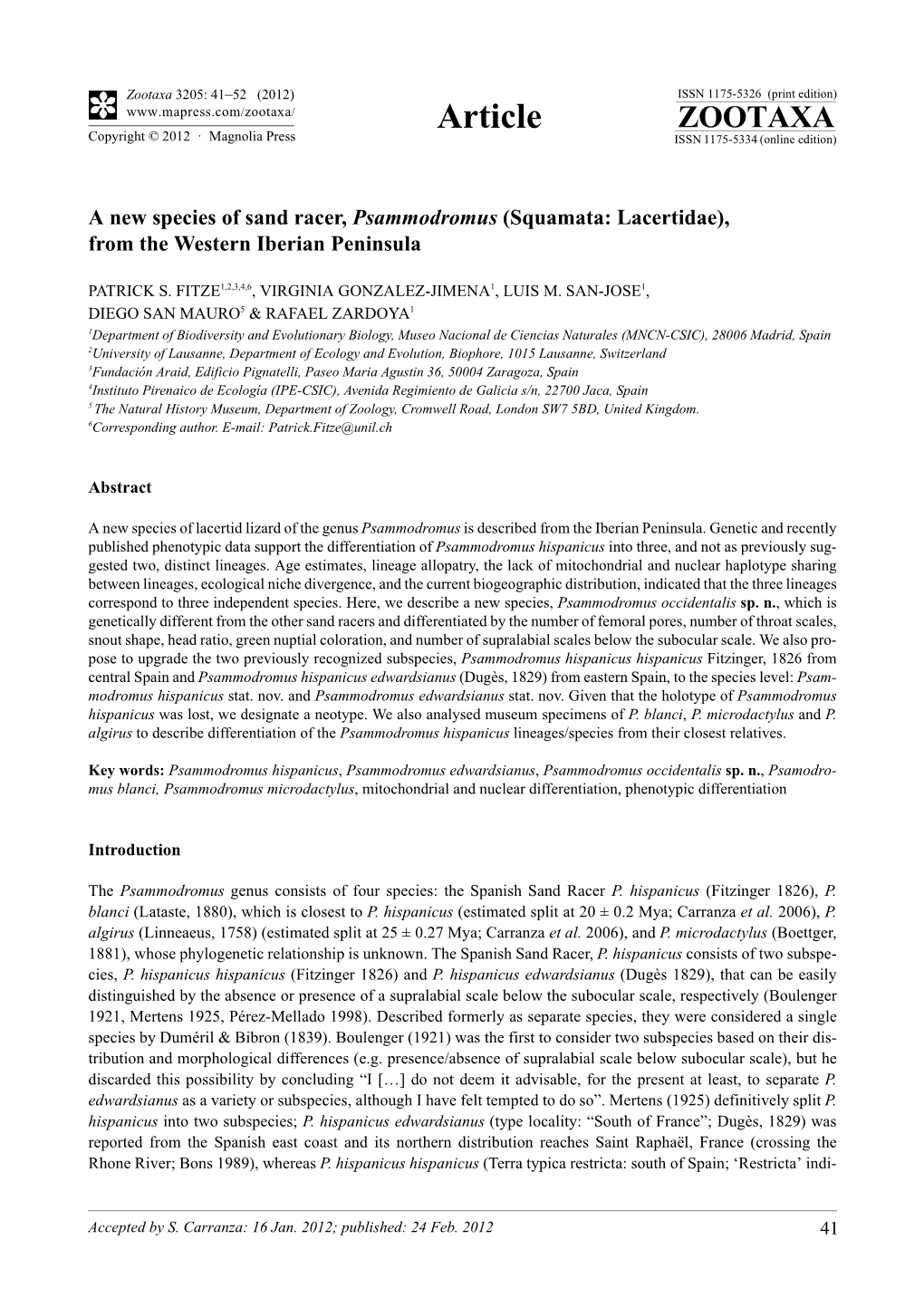 A New Species of Sand Racer, Psammodromus (Squamata: Lacertidae), from the Western Iberian Peninsula