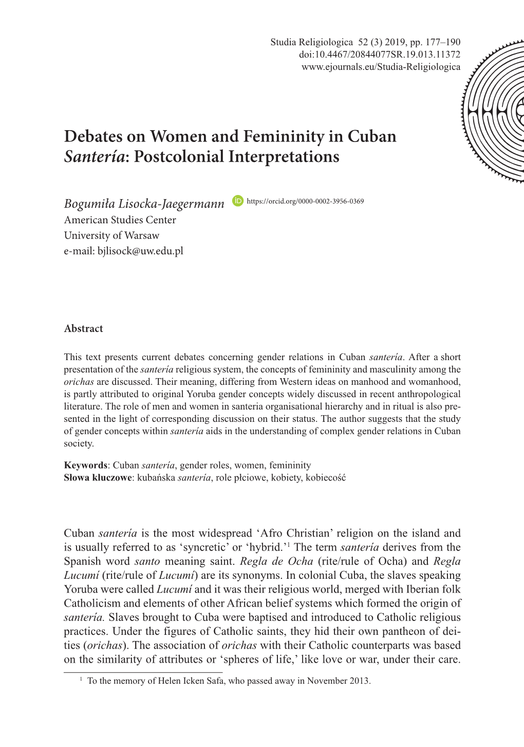 Debates on Women and Femininity in Cuban Santería: Postcolonial Interpretations