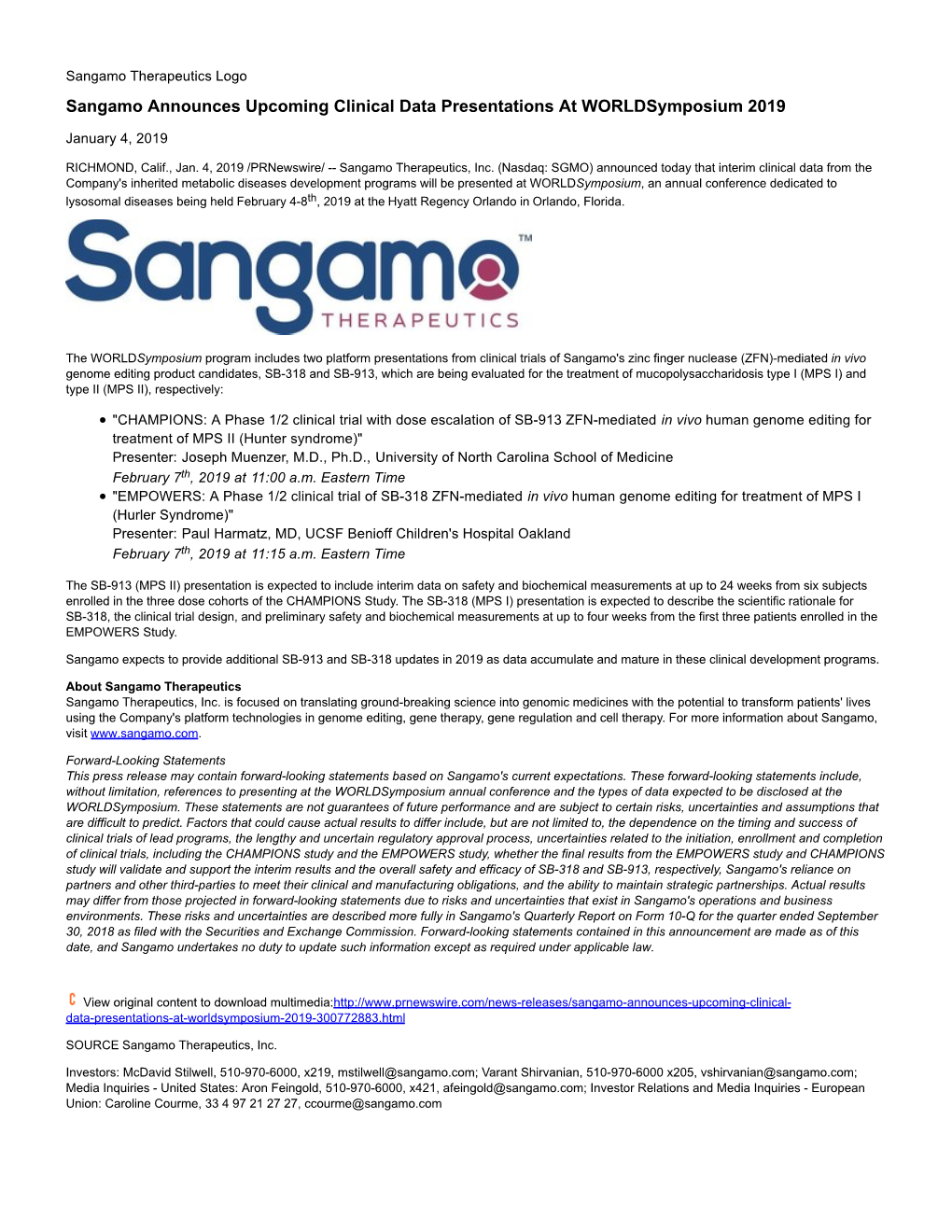 Sangamo Announces Upcoming Clinical Data Presentations at Worldsymposium 2019
