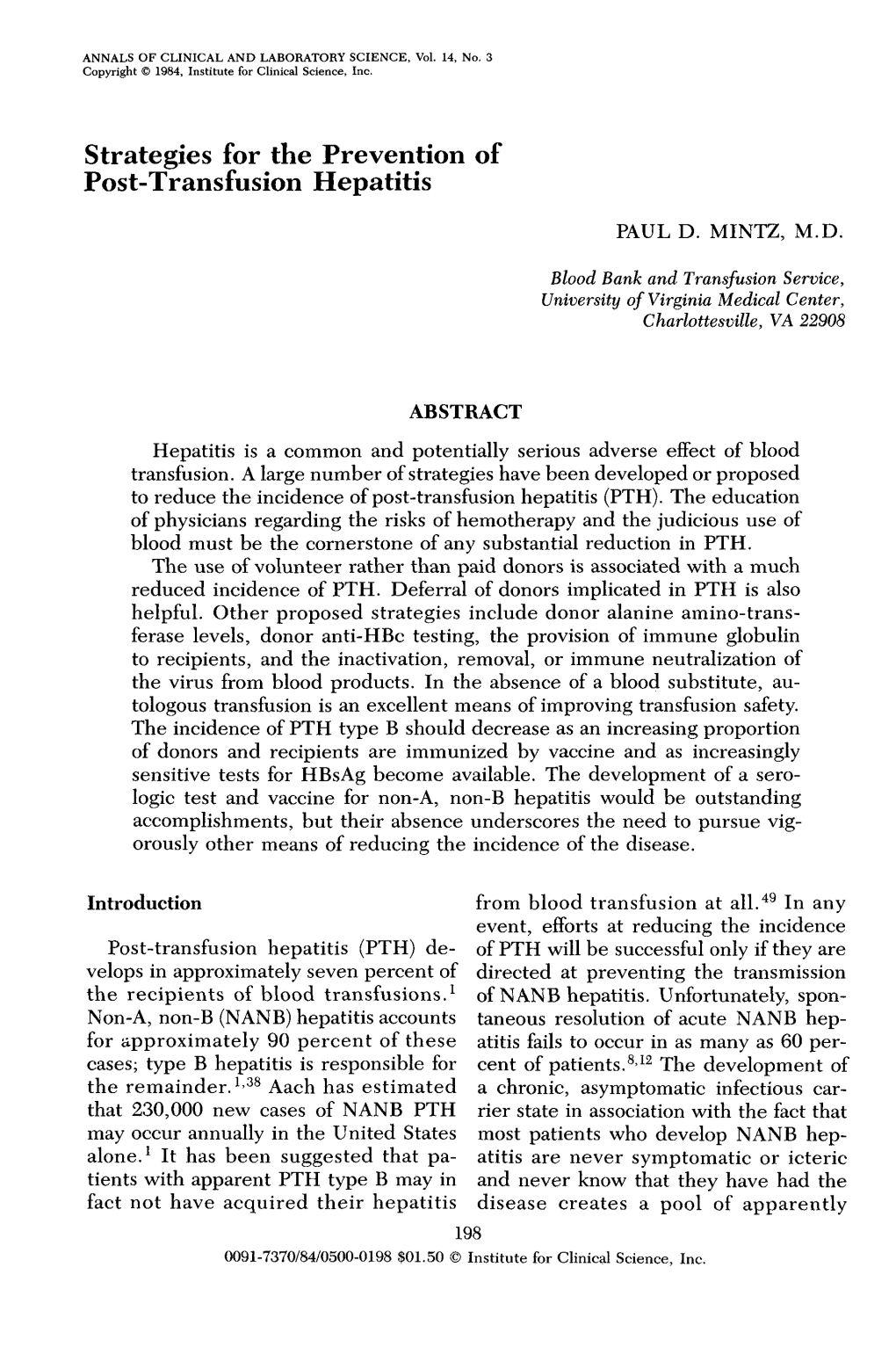 Strategies for the Prevention of Post-Transfusion Hepatitis PAUL D