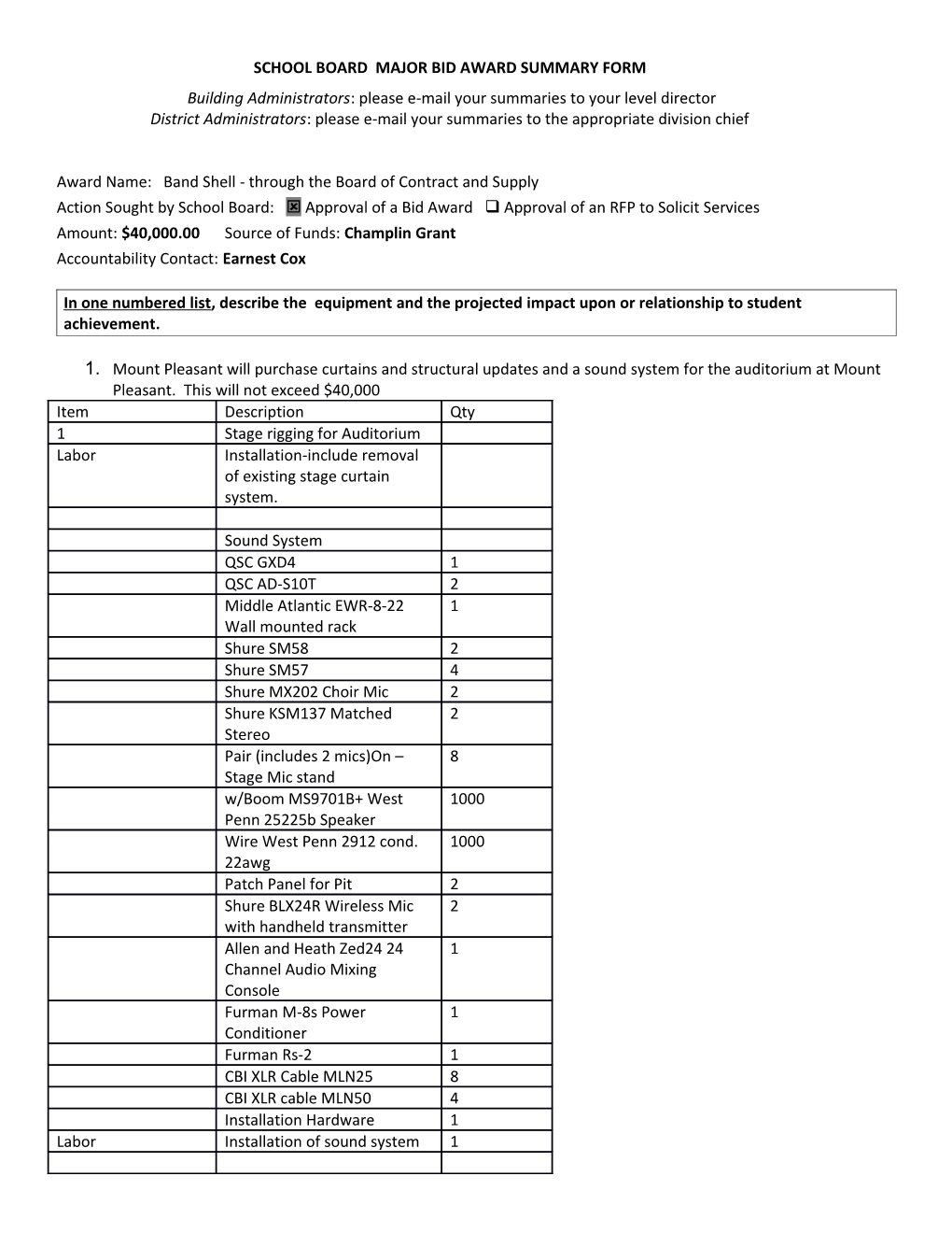 School Board Contract Summary Form