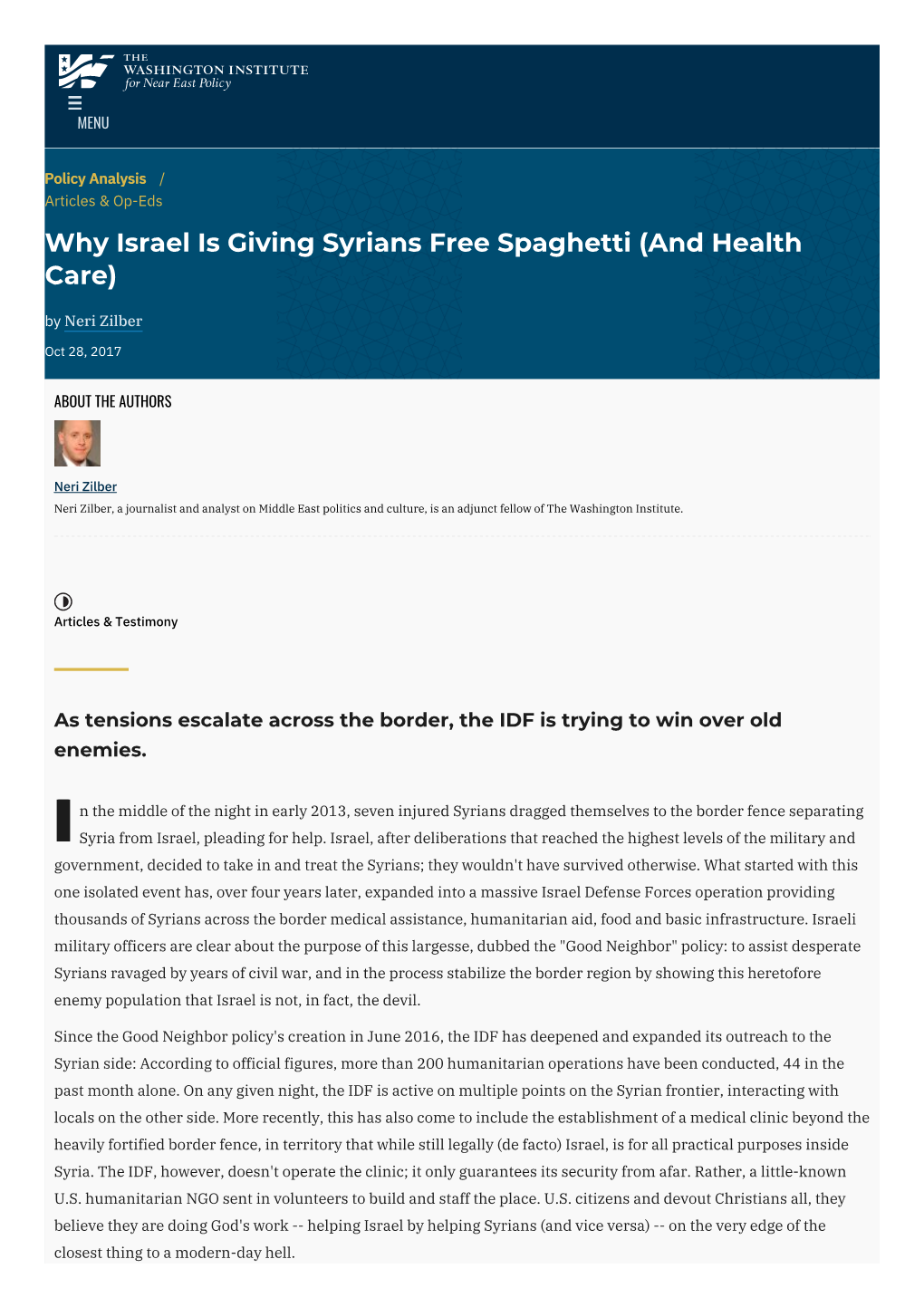 Why Israel Is Giving Syrians Free Spaghetti (And Health Care) | the Washington Institute
