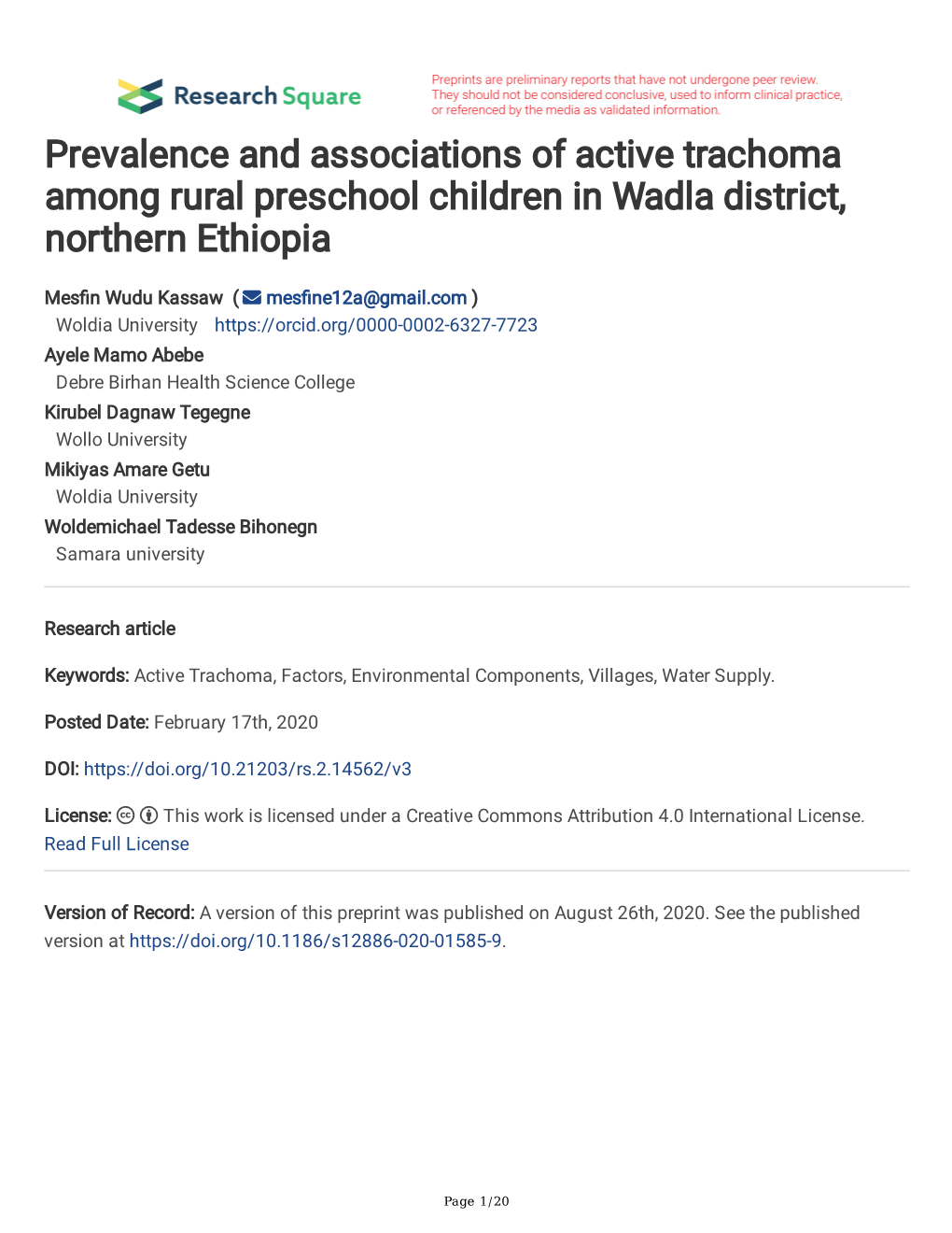 Prevalence and Associations of Active Trachoma Among Rural Preschool Children in Wadla District, Northern Ethiopia