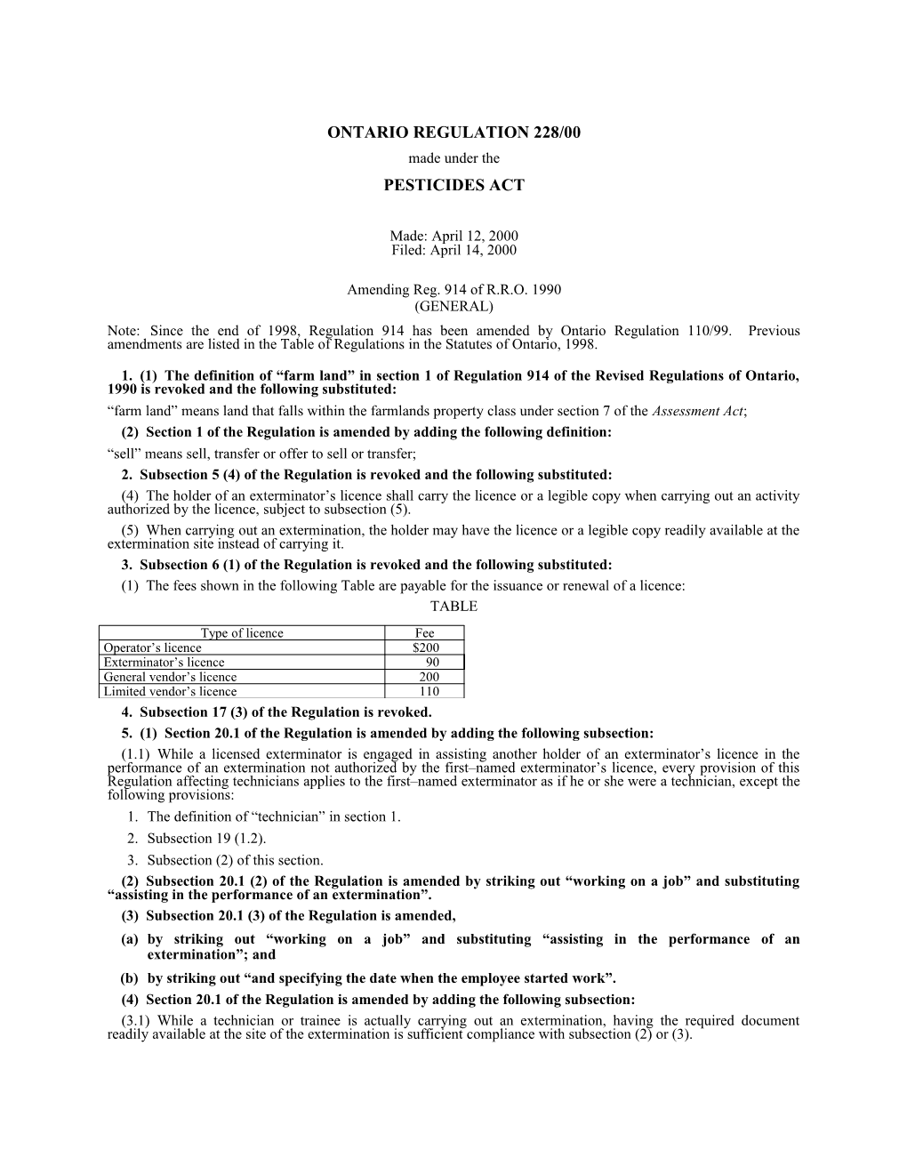 PESTICIDES ACT - O. Reg. 228/00