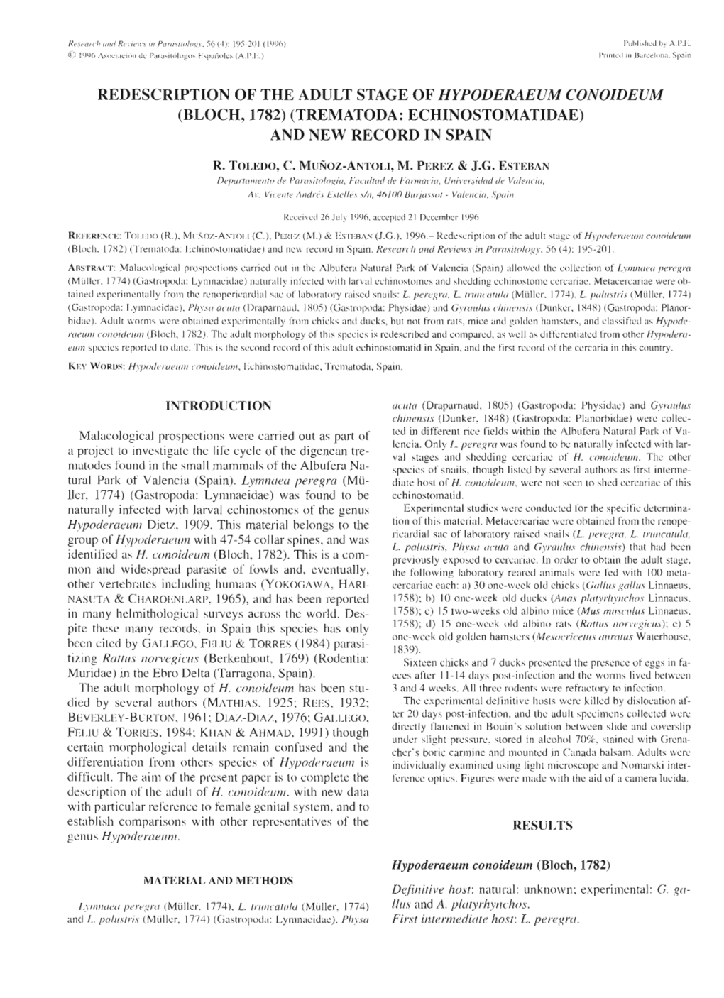 Trematoda: Echinostomatidae) and New Record in Spain