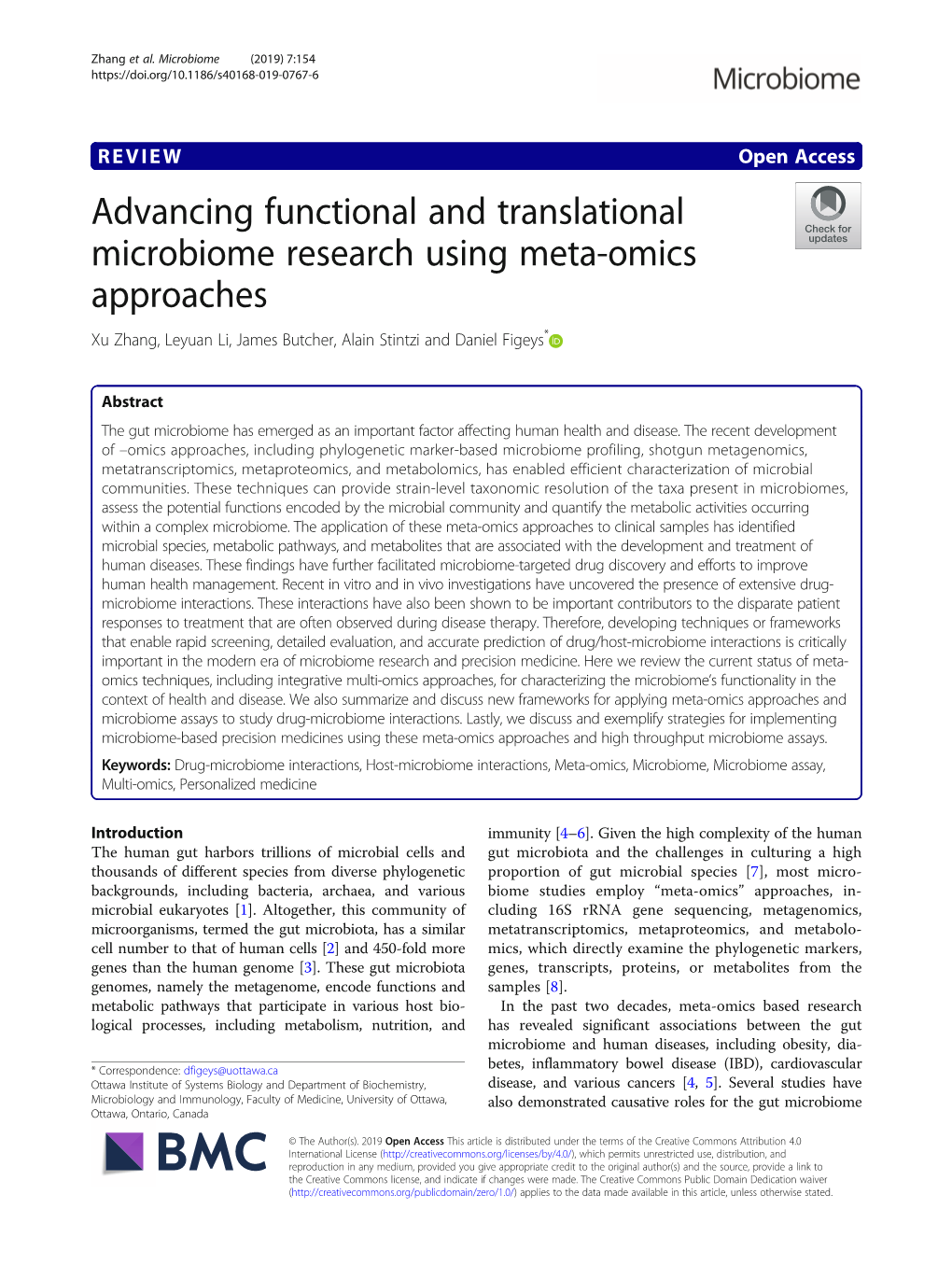 Advancing Functional and Translational Microbiome Research Using Meta-Omics Approaches Xu Zhang, Leyuan Li, James Butcher, Alain Stintzi and Daniel Figeys*