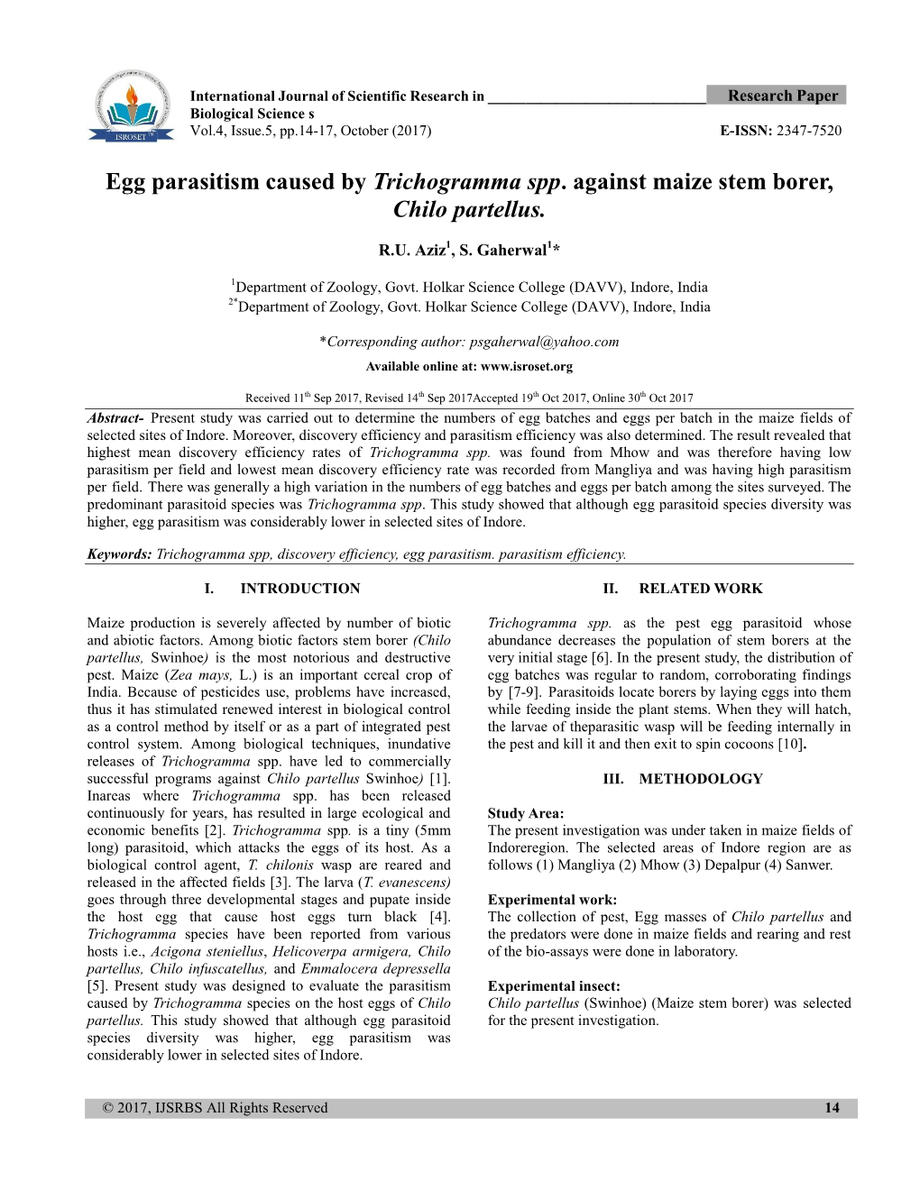 Egg Parasitism Caused by Trichogramma Spp. Against Maize Stem Borer, Chilo Partellus