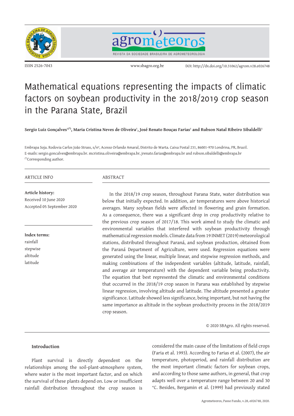 Mathematical Equations Representing the Impacts of Climatic Factors on Soybean Productivity in the 2018/2019 Crop Season in the Parana State, Brazil