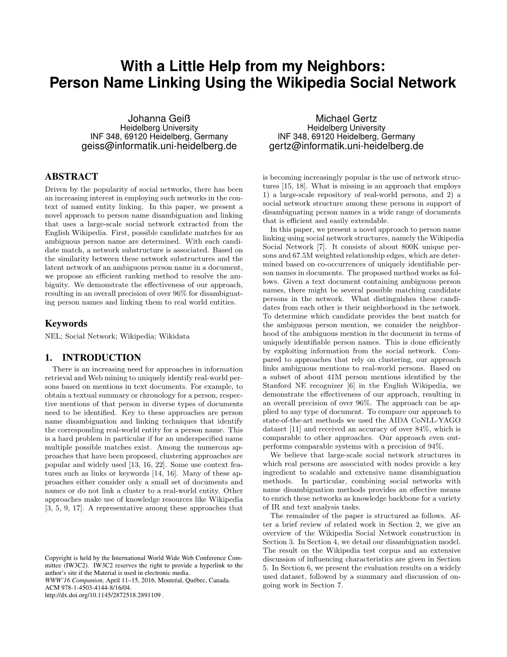 With a Little Help from My Neighbors: Person Name Linking Using the Wikipedia Social Network