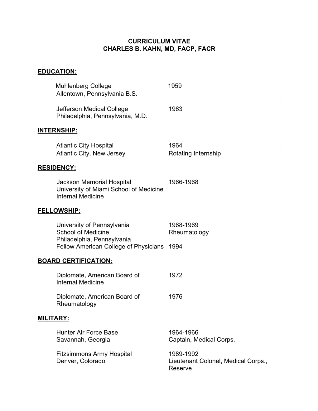 Curriculum Vitae Charles B. Kahn, Md, Facp, Facr