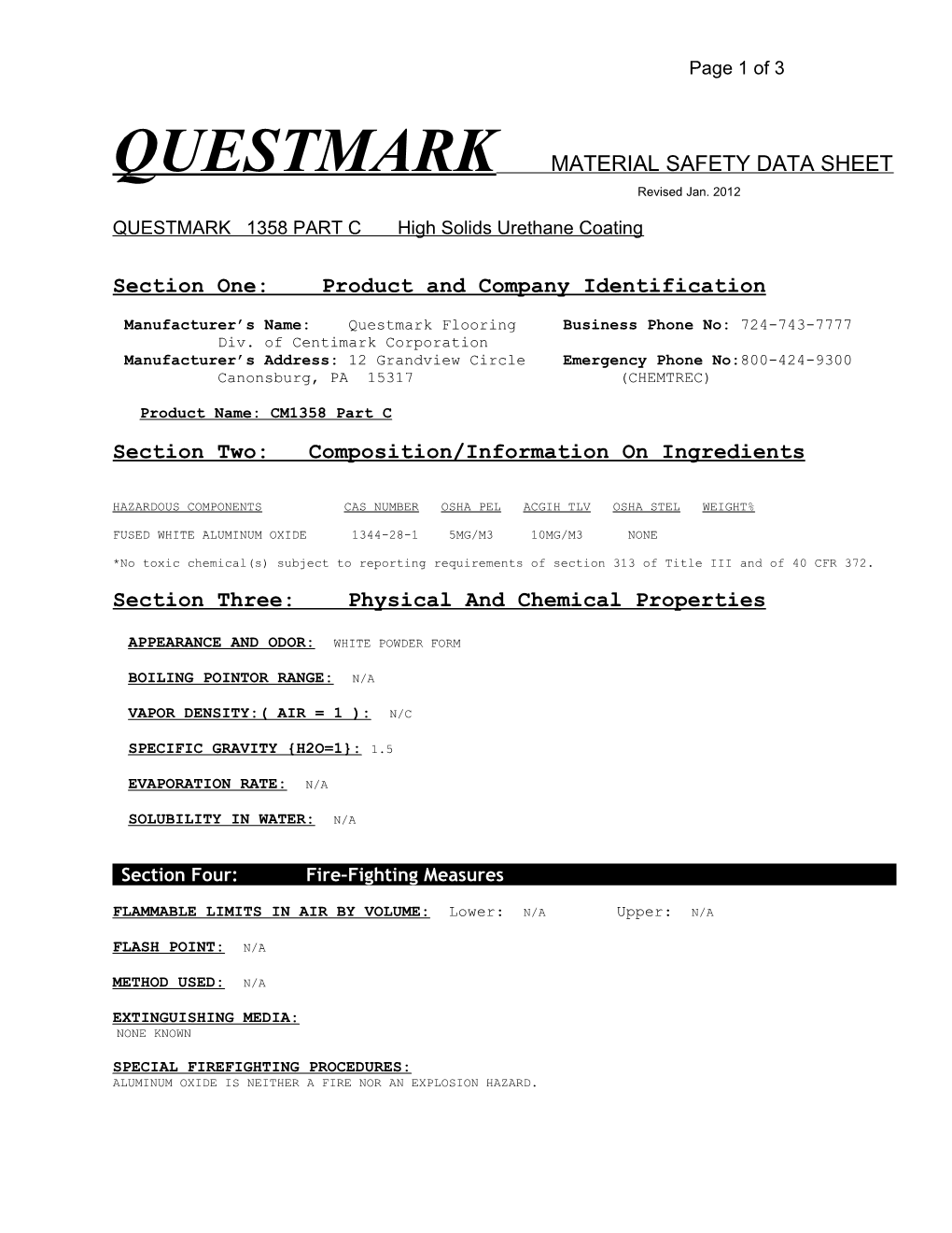 Centimark Material Safety Data Sheet s1